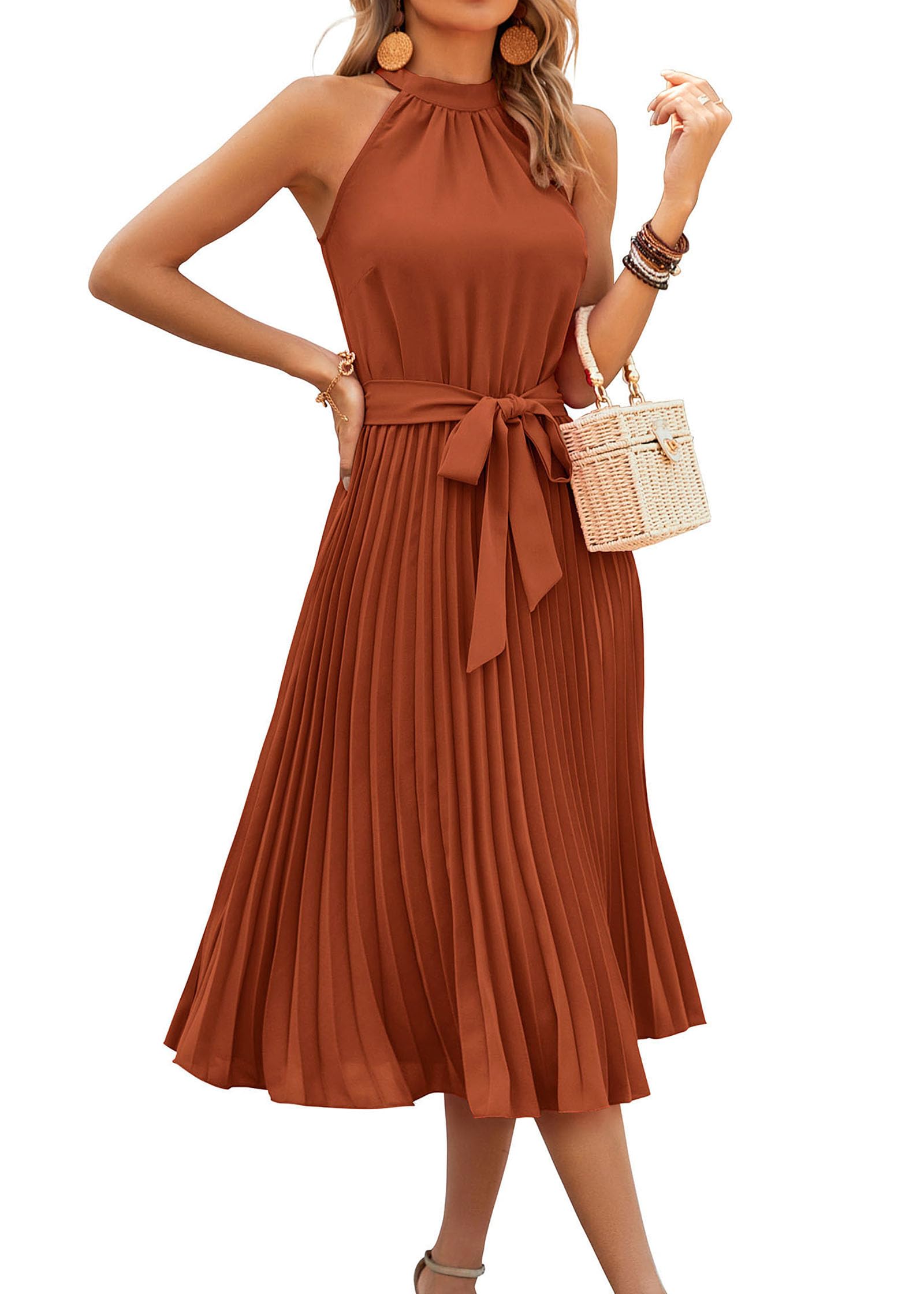 KIRUNDO Women's 2025 Summer Sleeveless Halter Neck Pleated Midi Cocktail Dress with Belt - A-Line Flowy Beach Sun Dress for Parties, Vacations & Outdoor Events