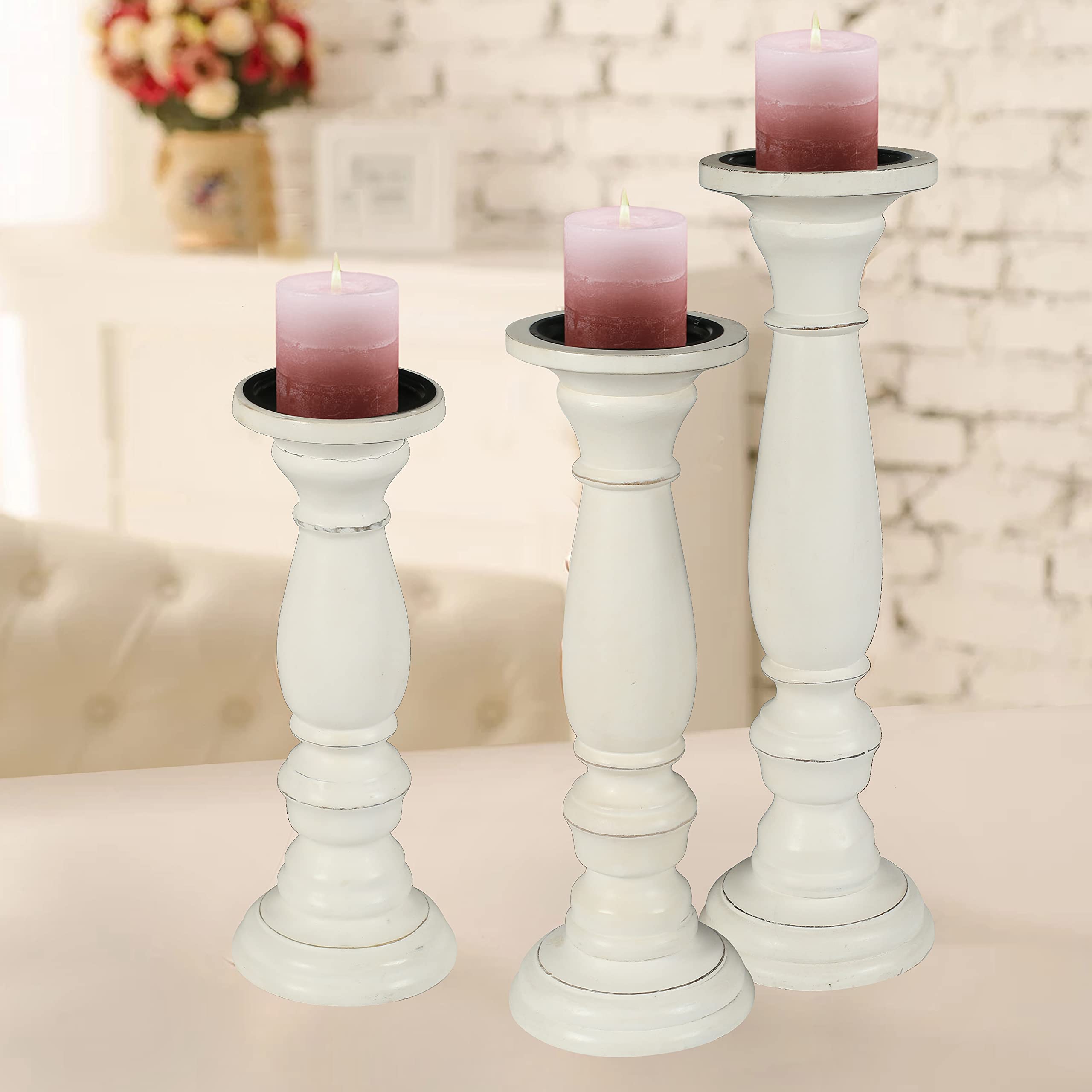 Wooden Candle Holder Stand Set of 3 - 16,14,12 Inch White Country Style Candelabra for Wedding Unity Ceremony, Party Decor & Home Spa Relaxation | Rustic Home Decor & Thoughtful Gift Idea