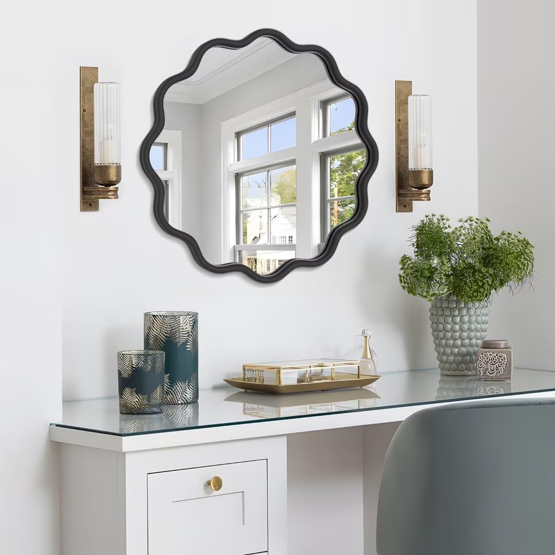 20 Inch Black Round Wavy Bathroom Vanity Mirror - Gold Frame Modern Wall Mirror with Anti-Rust Tempered Glass - Perfect for Bathroom, Bedroom & Living Room Decor
