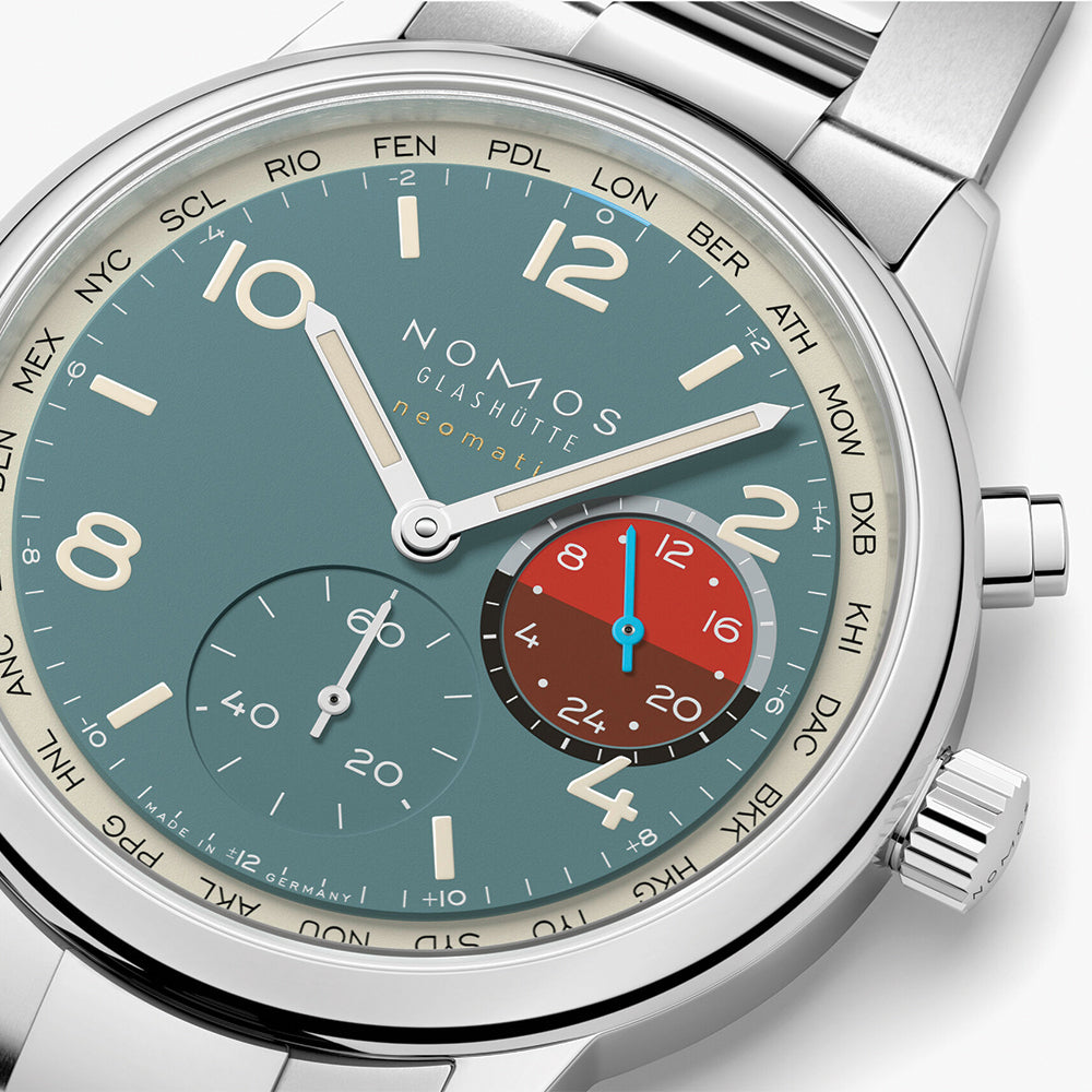 NOMOS Club Sport Neomatik Worldtimer Limited Edition 40mm Watch with Glacier Blue Dial & Stainless Steel Bracelet - Perfect for Travelers & Luxury Watch Collectors