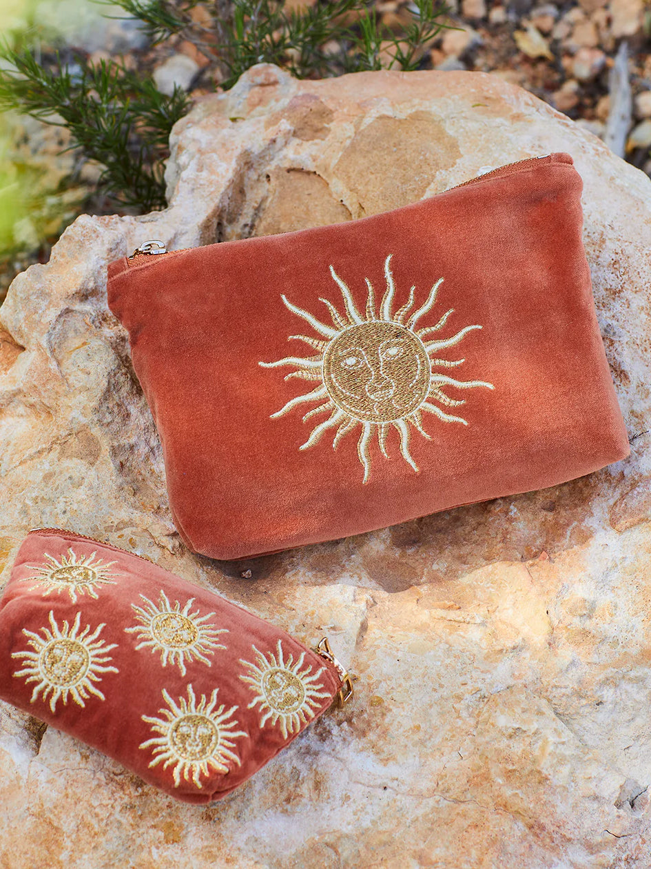 Elizabeth Scarlett Velvet Mini Pouch - Rust Sun Goddess Design | Elegant Small Clutch for Women | Perfect for Parties, Weddings & Evening Events
