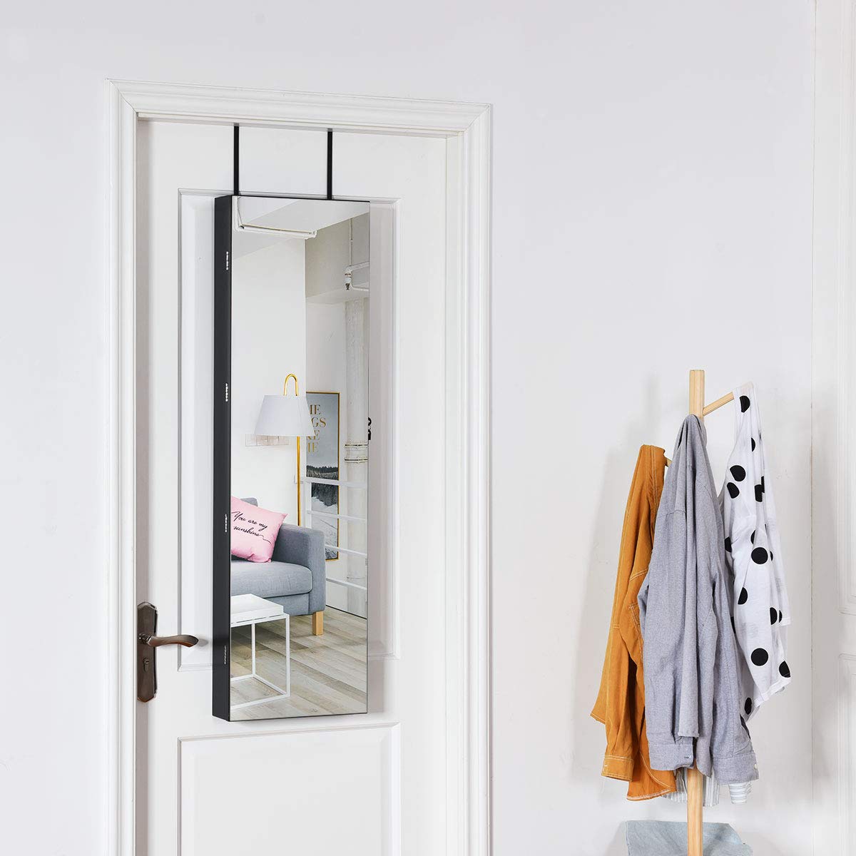Jewelry Armoire Cabinet with Full-Length Mirror - 2 LED Lights, Lockable with 2 Keys, Makeup Pouch & Bracelet Organizer, 2 Drawers, Wall or Door Mount - Elegant Black Jewelry Storage for Bedroom, Closet & Dressing Room