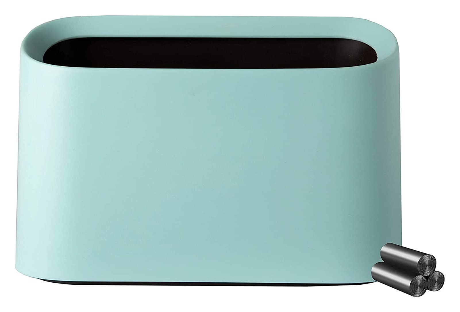 AALINAA Mini Countertop Trash Can with Press Cartridge Cover - Small Wastebasket for Makeup, Vanity, Bathroom, Kitchen, Car & Office - Space-Saving Blue Garbage Bin for Home and Work Spaces