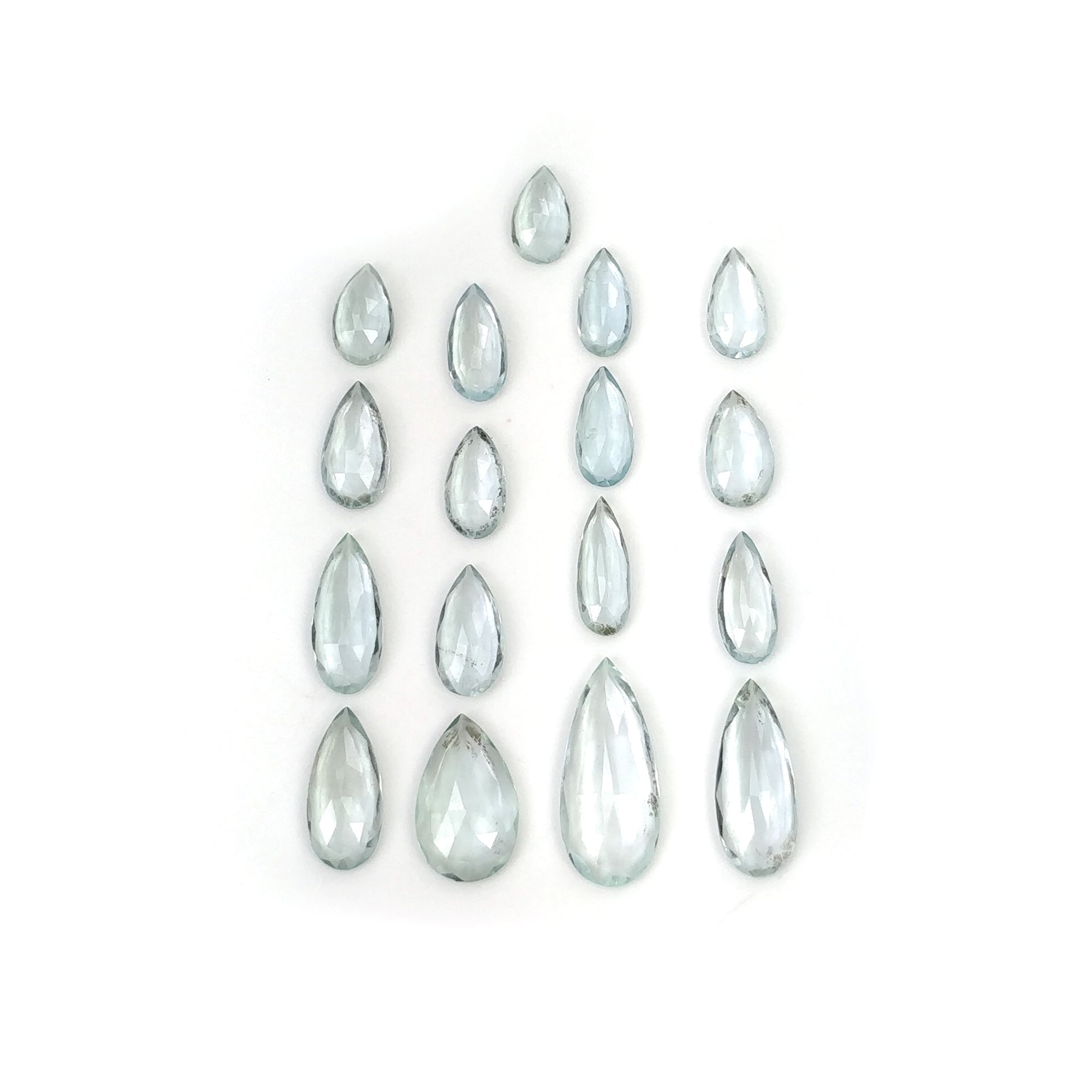 Natural Blue Aquamarine Gemstone Rose Cut - 16.05cts Untreated Pear Shape (8x5mm to 17.5x7.5mm) - 17pcs Set for Jewelry Making, Engagement Rings & Healing Crystals