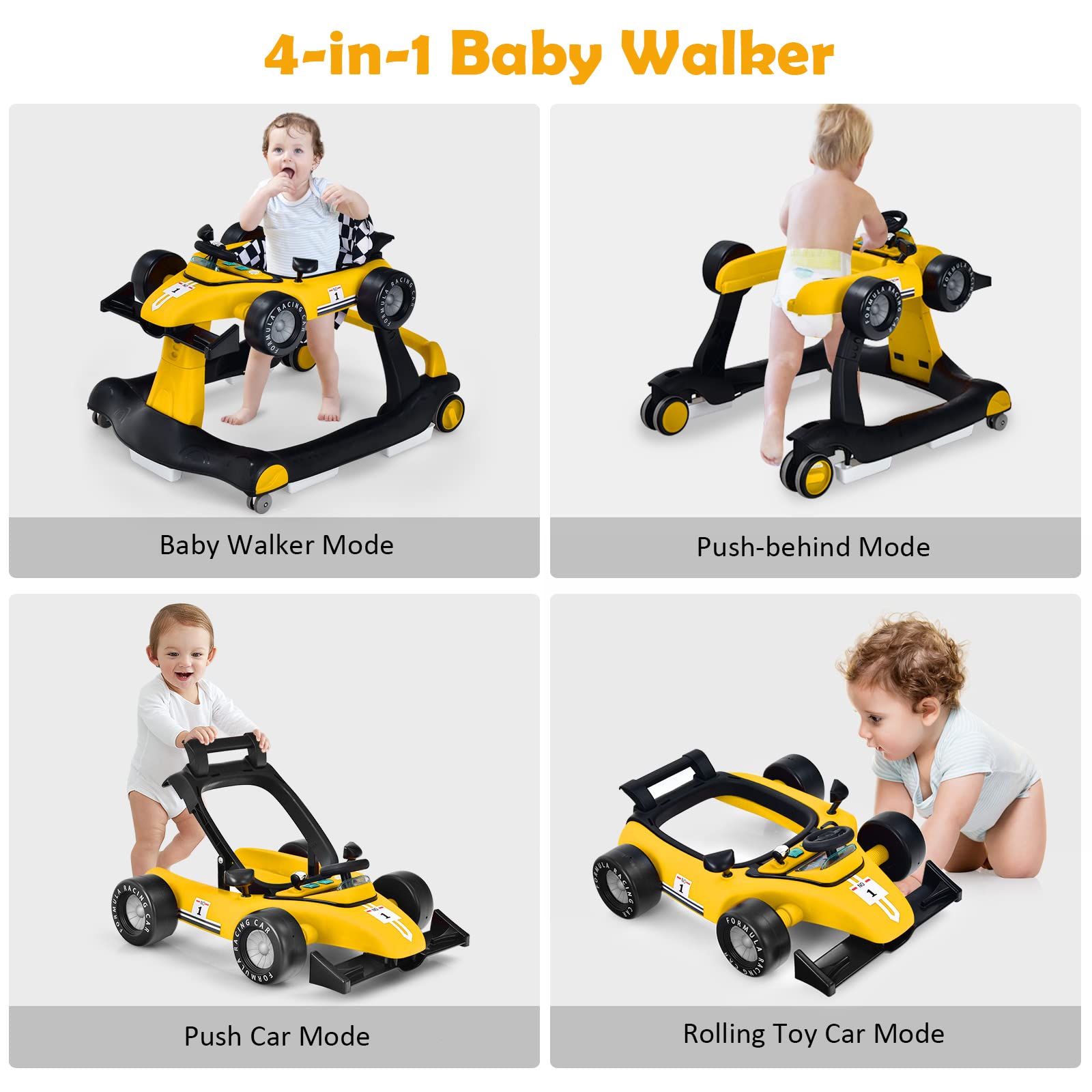 **HONEY JOY 4-in-1 Baby Walker & Activity Push Walker – Adjustable Height (3 Levels), Smooth Wheels with Speed Control, Padded Seat, Music & Lights, Foldable – Ideal for Boys & Girls 6+ Months (Yellow) – Perfect for Learning to Walk, Playtime & Indoor Exploration**