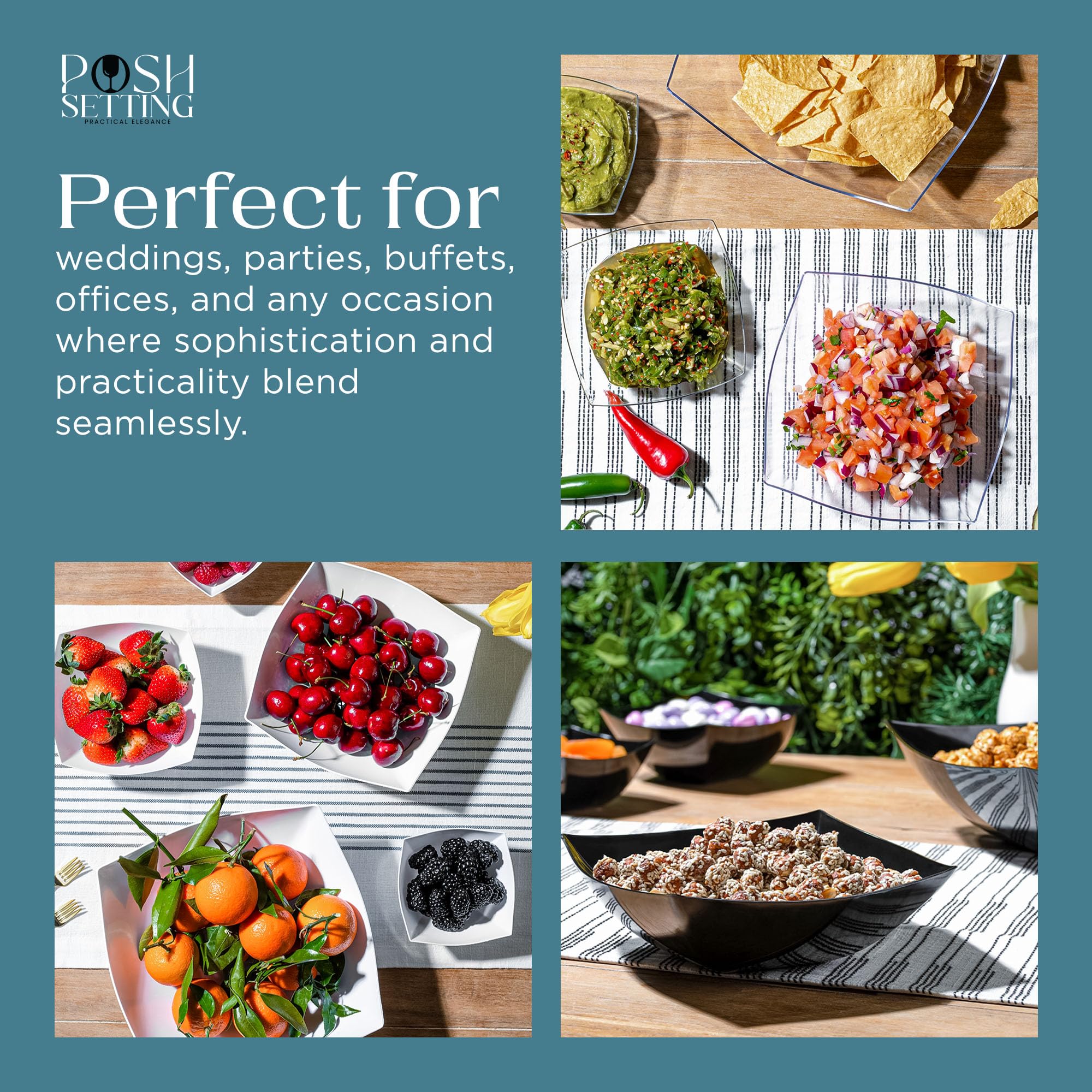 Black Plastic Serving Bowls 16oz (4 Pack) - Square Disposable Party Bowls for Chips, Candy, Salad & Fruit | Perfect for Party Tables, Buffets, Catering & Events