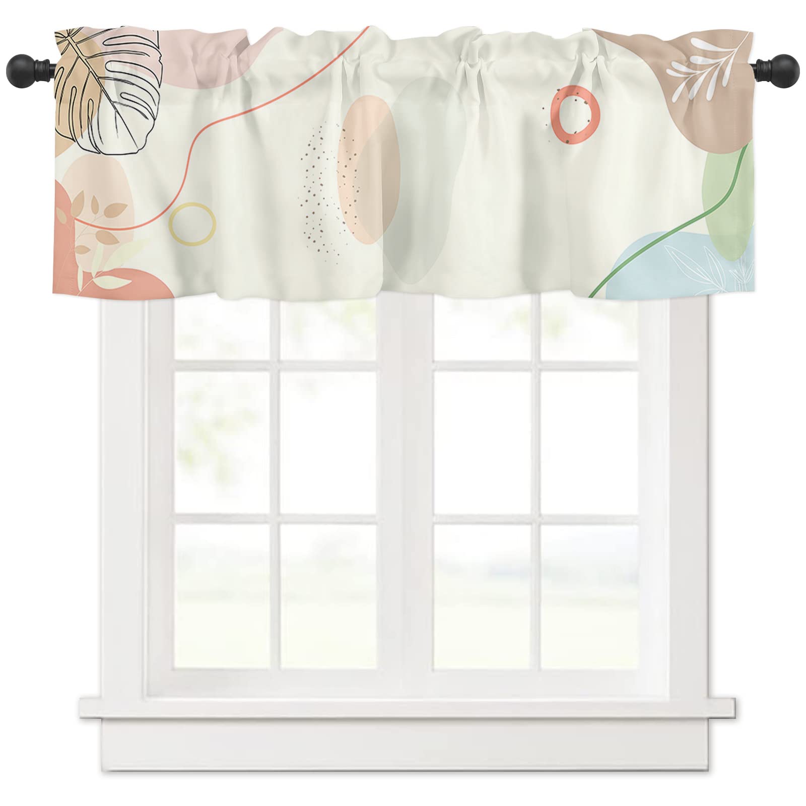 Modern Simple Abstract Boho Leaf Block Print Rod Pocket Window Valance Curtain Panel - Kitchen & Cafe Curtain Topper for Small Windows, Home Decor, Drape Treatment | Perfect for Boho Chic, Farmhouse & Minimalist Interior Design Styles