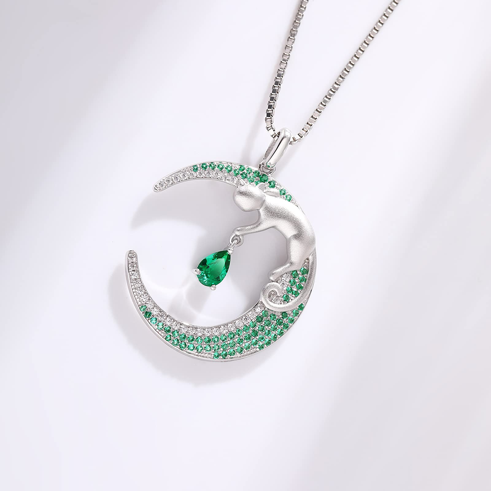 18K White Gold Plated Cat on Moon Pendant Necklace for Women - 925 Sterling Silver Cat Lover Jewelry, Perfect Gift for Birthday, Anniversary & Valentine's Day