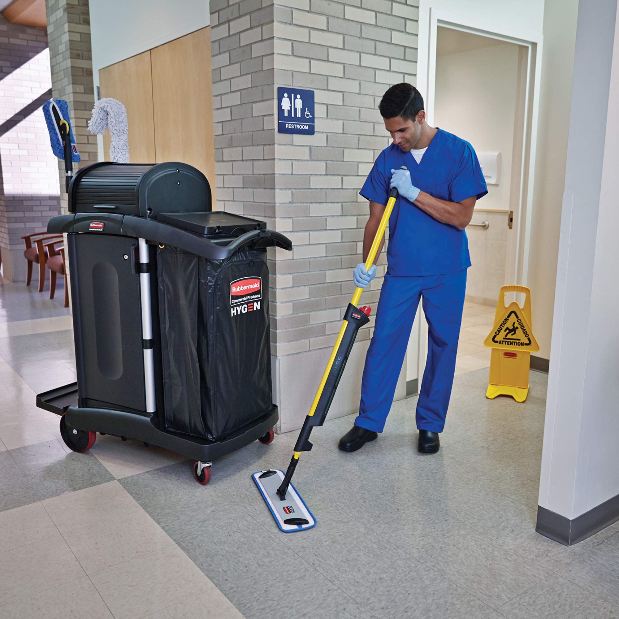 Rubbermaid Commercial HYGEN Pulse Microfiber Spray Mop Kit - Single Sided Hard Floor Cleaner for Hardwood, Tile & Laminate Floors - Yellow Mop with Refillable Bottle - Ideal for Kitchen, Bathroom, Lobby & Office Cleaning