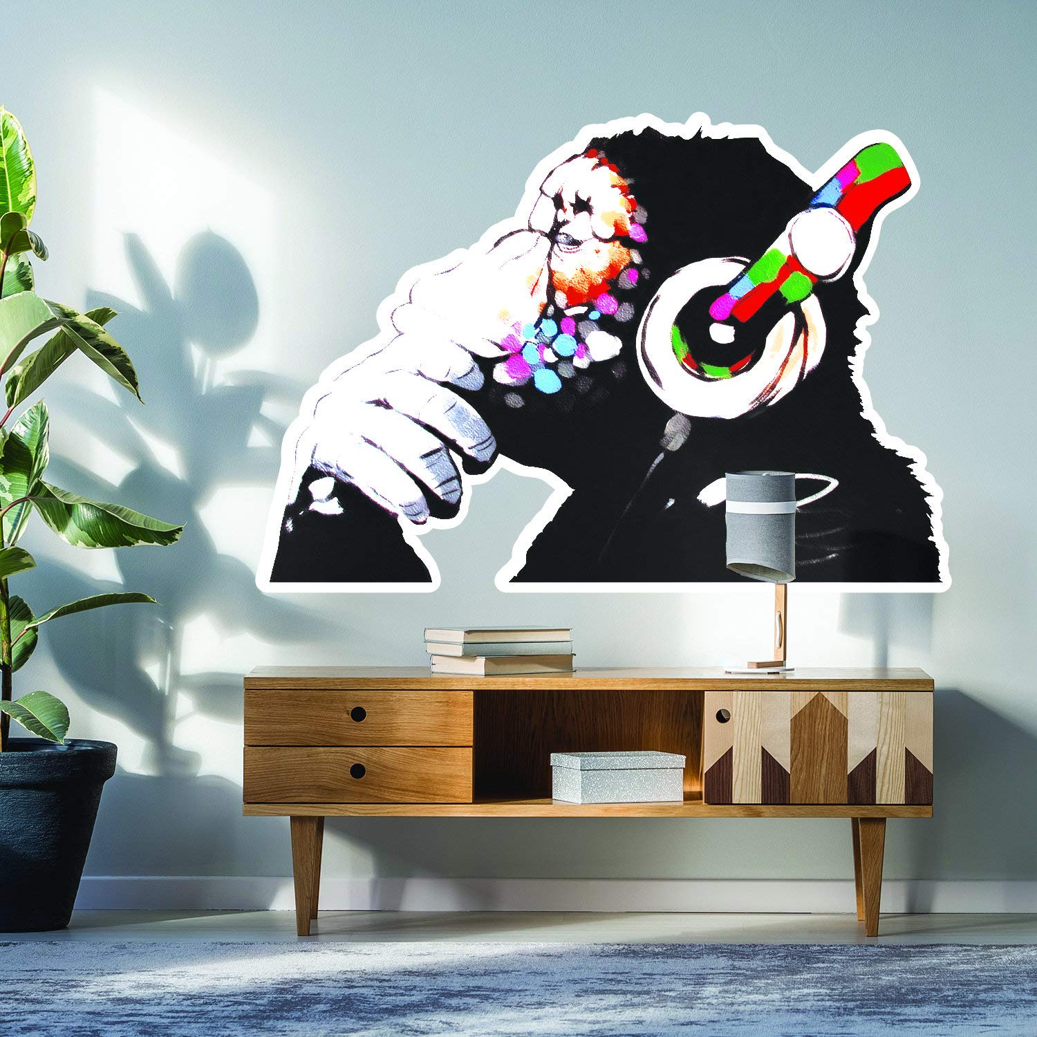 Banksy Thinking Monkey Sticker - High Quality Vinyl Wall Decal Art - Street Graffiti Music Chimp with Headphones - Creative Room Decor for Bedroom, Office & Studio