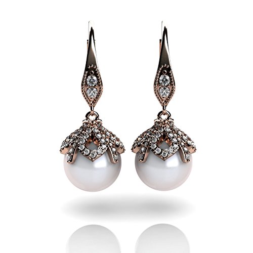 14K Rose Gold Diamond and Cultured Pearl Earrings - Elegant Dangle Earrings for Women, Perfect for Weddings, Parties & Special Occasions