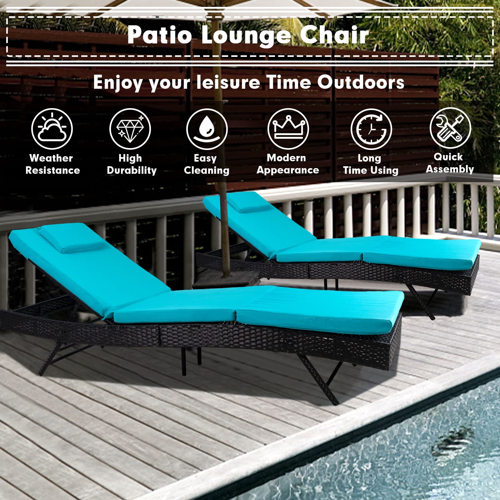 2-Piece Outdoor Patio Chaise Lounge Chairs Set - Adjustable Wicker Furniture with Thick Blue Cushions - Perfect for Poolside, Backyard, Garden Relaxation and Sunbathing