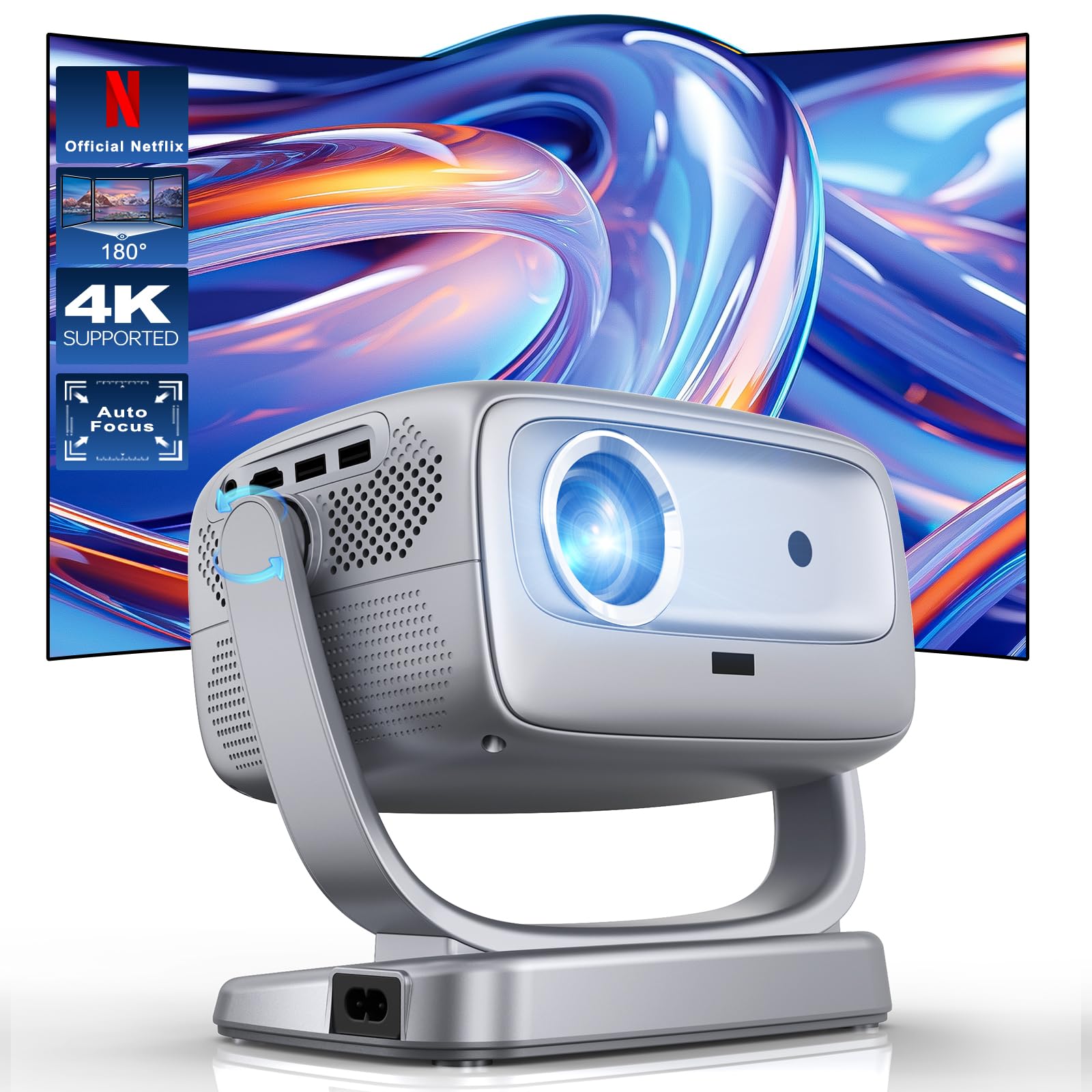 4K WiFi Bluetooth Portable Outdoor Projector - 700ANSI Auto Focus & Keystone, 360° Stand, Netflix Licensed, 3D Support | Smart Home Theater, Camping, Backyard Movie Nights, Ceiling Projection