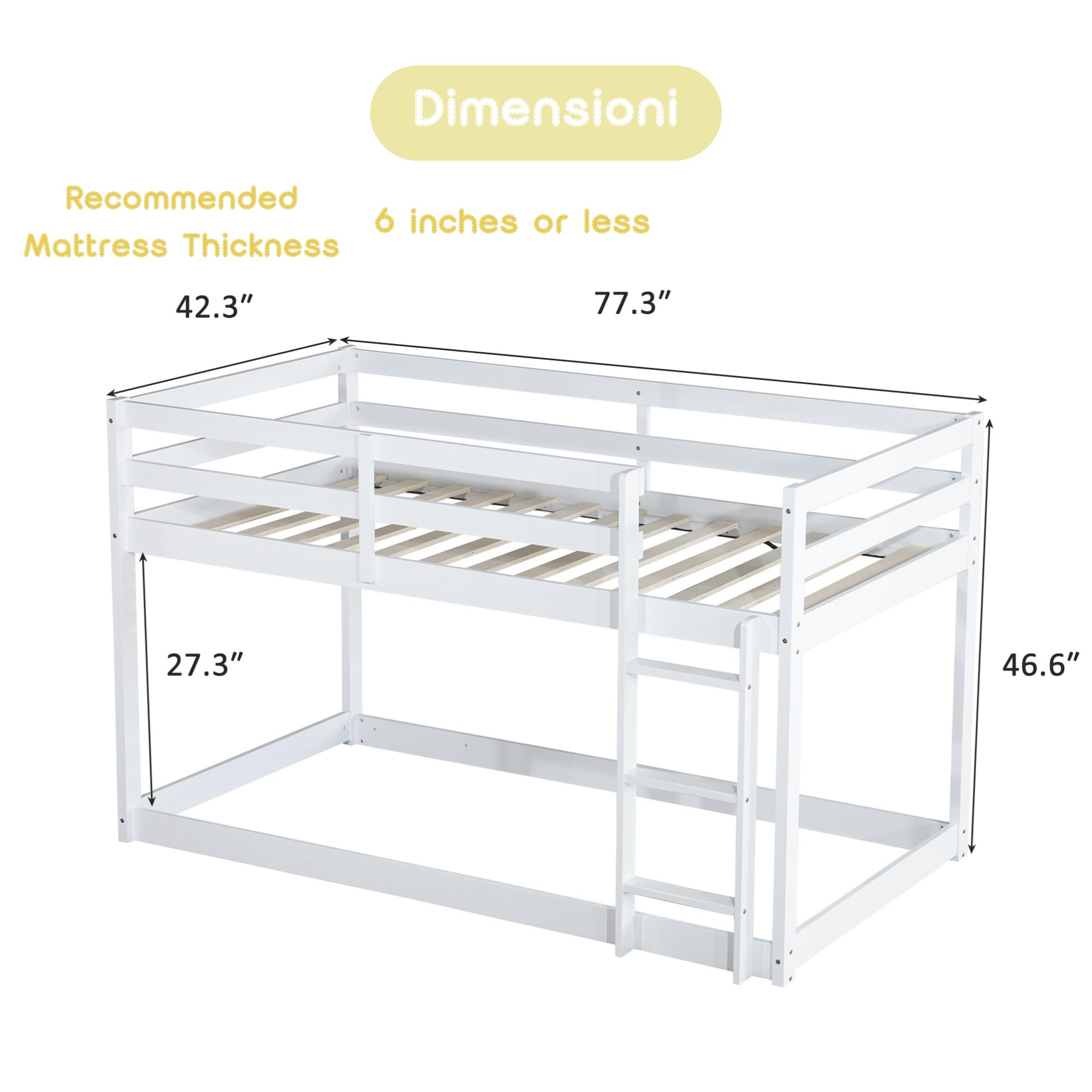 Low Twin Over Twin Bunk Bed Frame - Sturdy Wooden Junior Loft Bed for Kids, Boys & Girls with Safety Rails - Perfect for Small Rooms, Sleepovers & Kids' Bedrooms (White)