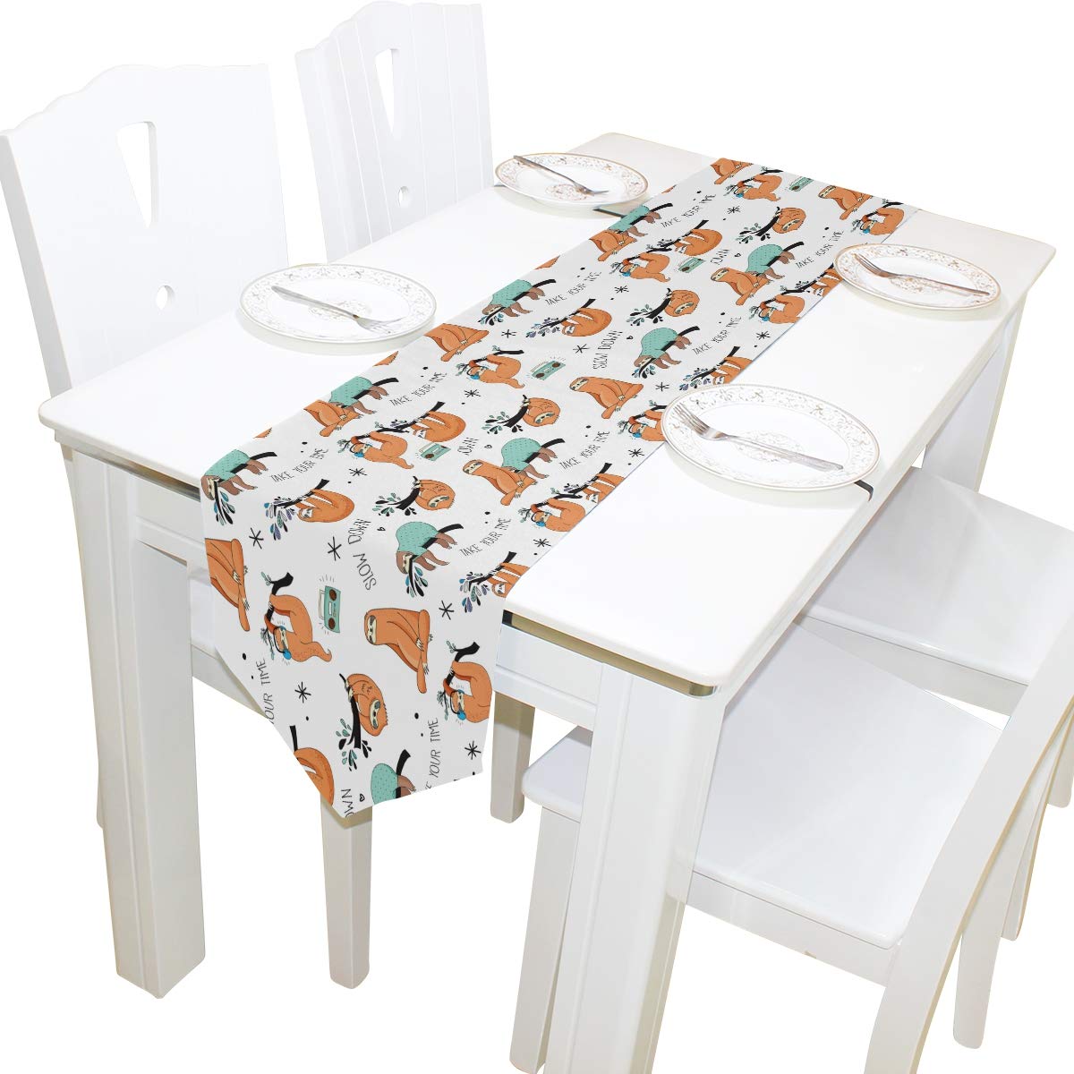 AUUXVA 13x70 Inches Long Table Runner - Cute Sloth & Floral Pattern Polyester Tablecloth for Dining, Kitchen, Coffee Table | Perfect for Home Decor, Parties, Banquets & Holiday Celebrations
