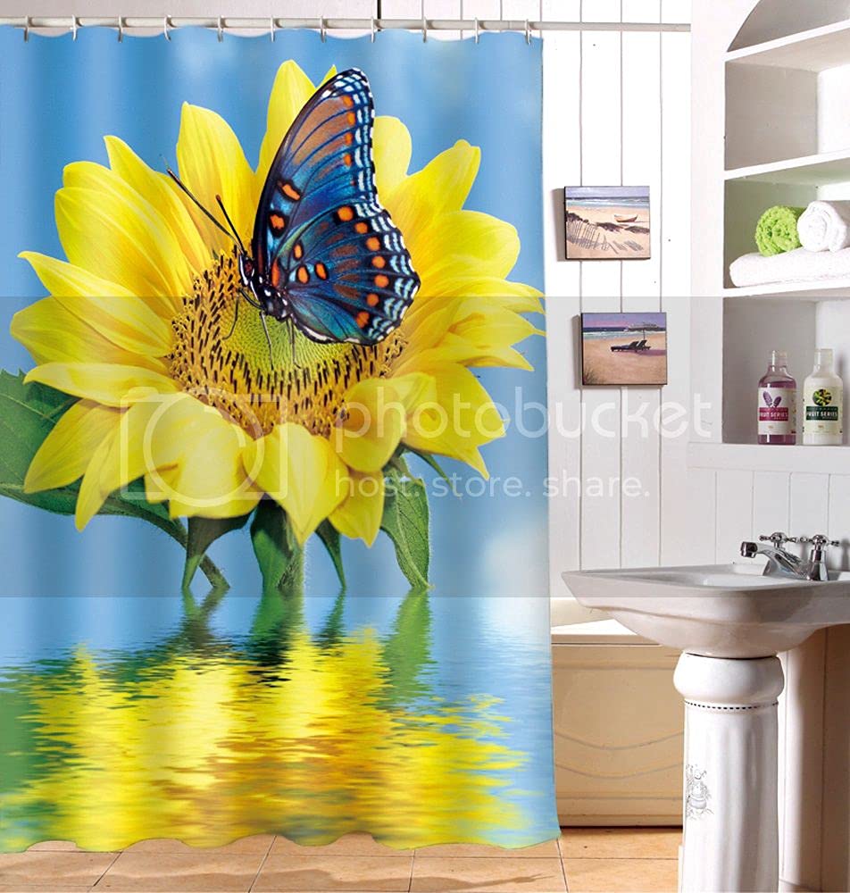 ChezMax 3D Sunflower Water-Resistant Fabric Shower Curtain with 12 Hooks - 65