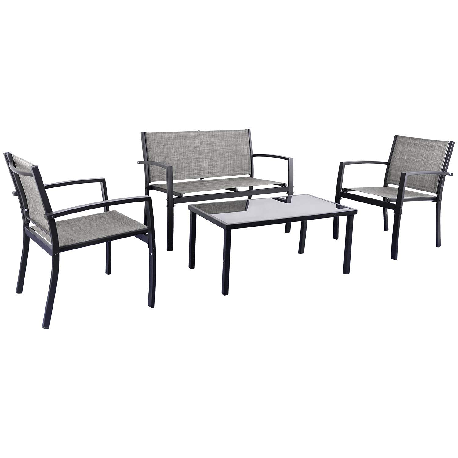 JUMMICO 4-Piece Modern Outdoor Patio Furniture Set - Grey Wicker Conversation Bistro Set with Tempered Glass Coffee Table for Garden, Porch, Lawn & Backyard | Perfect for Relaxing, Entertaining & Outdoor Dining