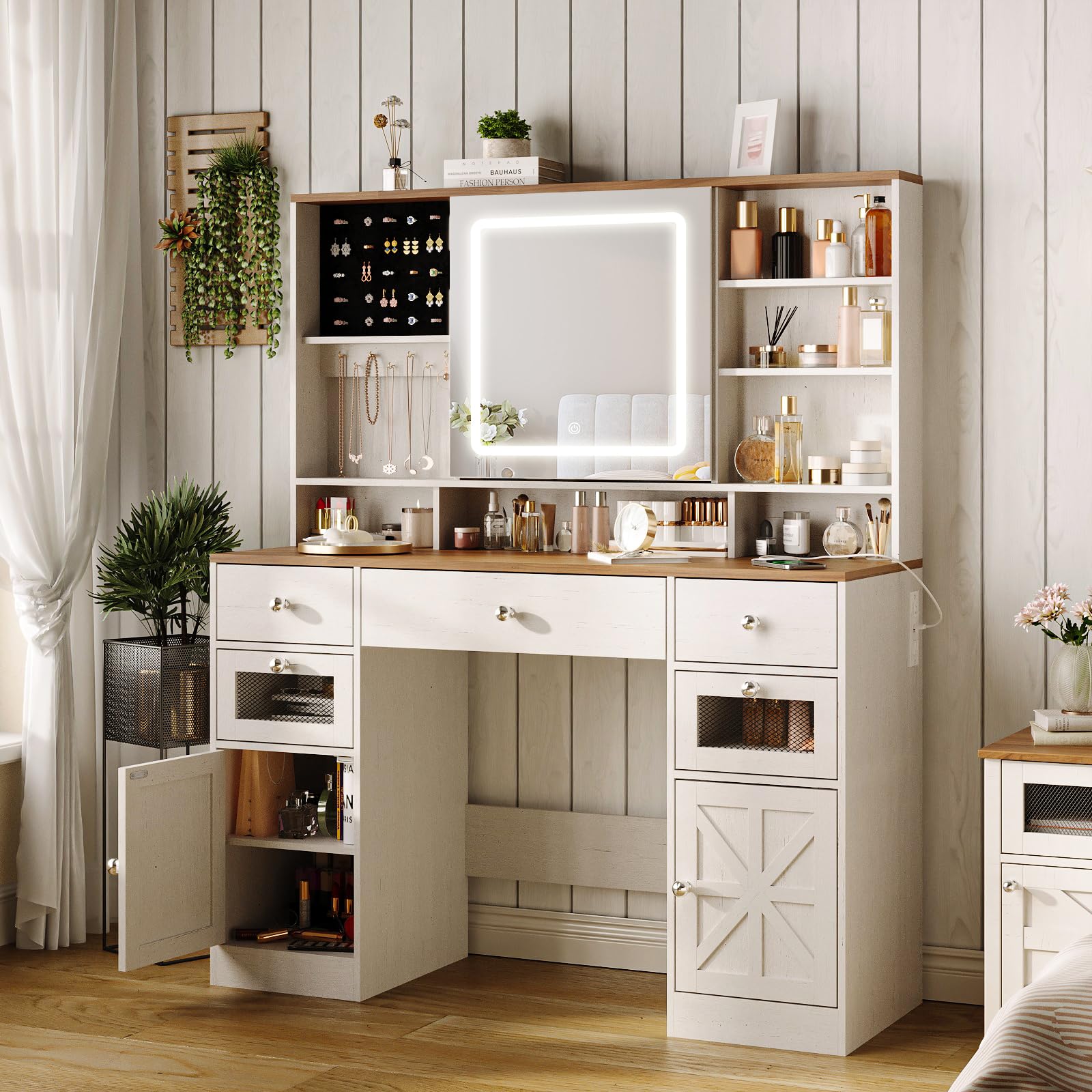 Farmhouse Vanity Desk with Mirror & LED Lights - White Makeup Dressing Table with 5 Drawers, Hidden Storage & USB Charging Station - Rustic Large Bedroom Vanity with Shelves for Cosmetics & Jewelry Organization - Perfect for Master Bedroom, Guest Room & Dressing Area