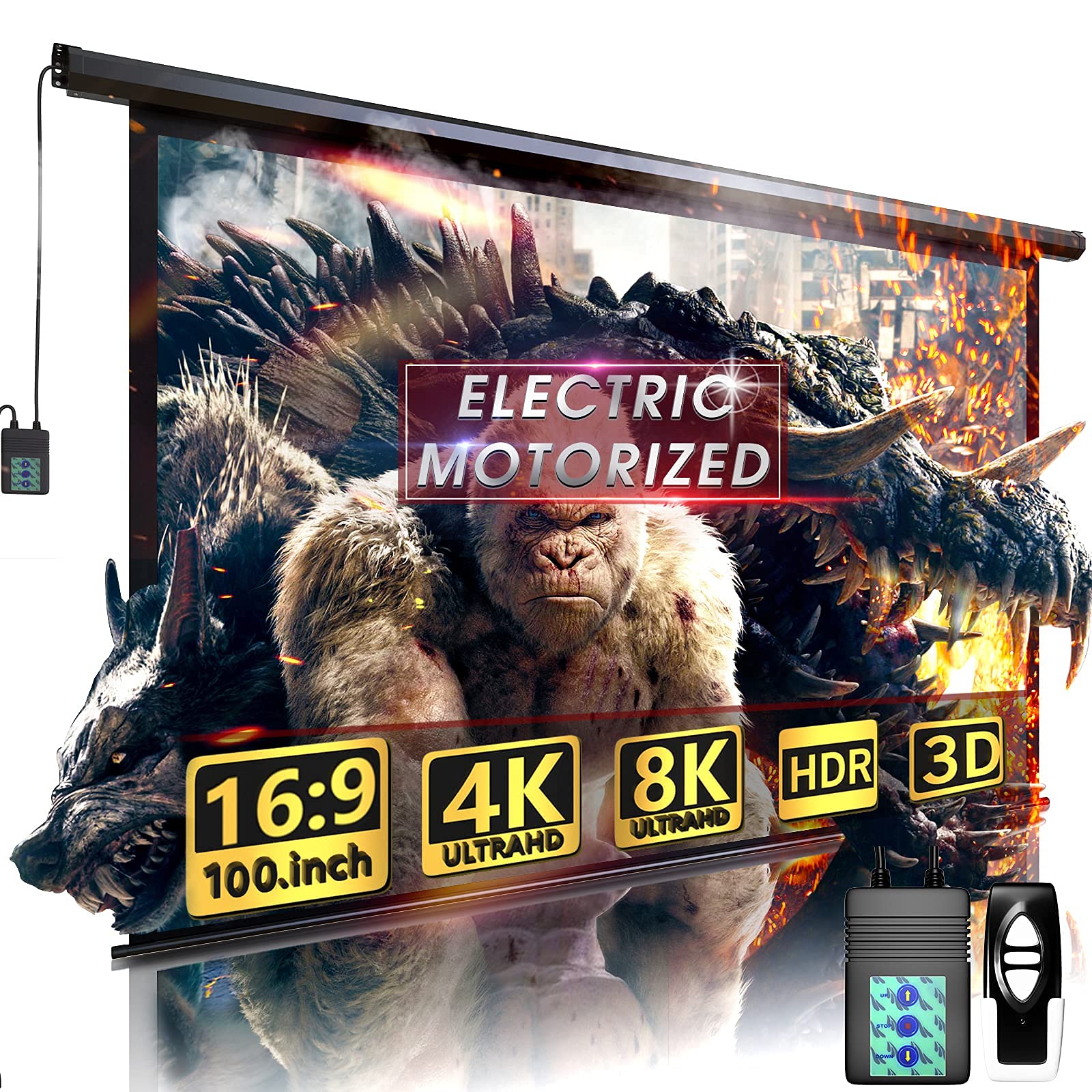 Aoxun 100 Inch Electric Motorized Projector Screen - 16:9 HD Indoor/Outdoor Movie Screen with Remote Control | Perfect for Home Theater, Backyard Movies, and Office Presentations