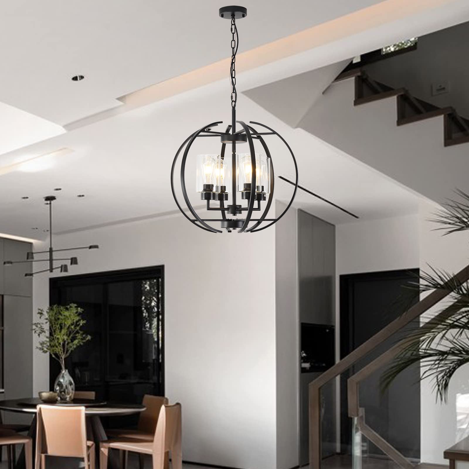 Black Chandelier Lighting with Clear Glass - 4-Light Farmhouse Ceiling Fixture for Dining Room & Kitchen | Elegant Hanging Light for Home Decor, Wedding Venues & Restaurants