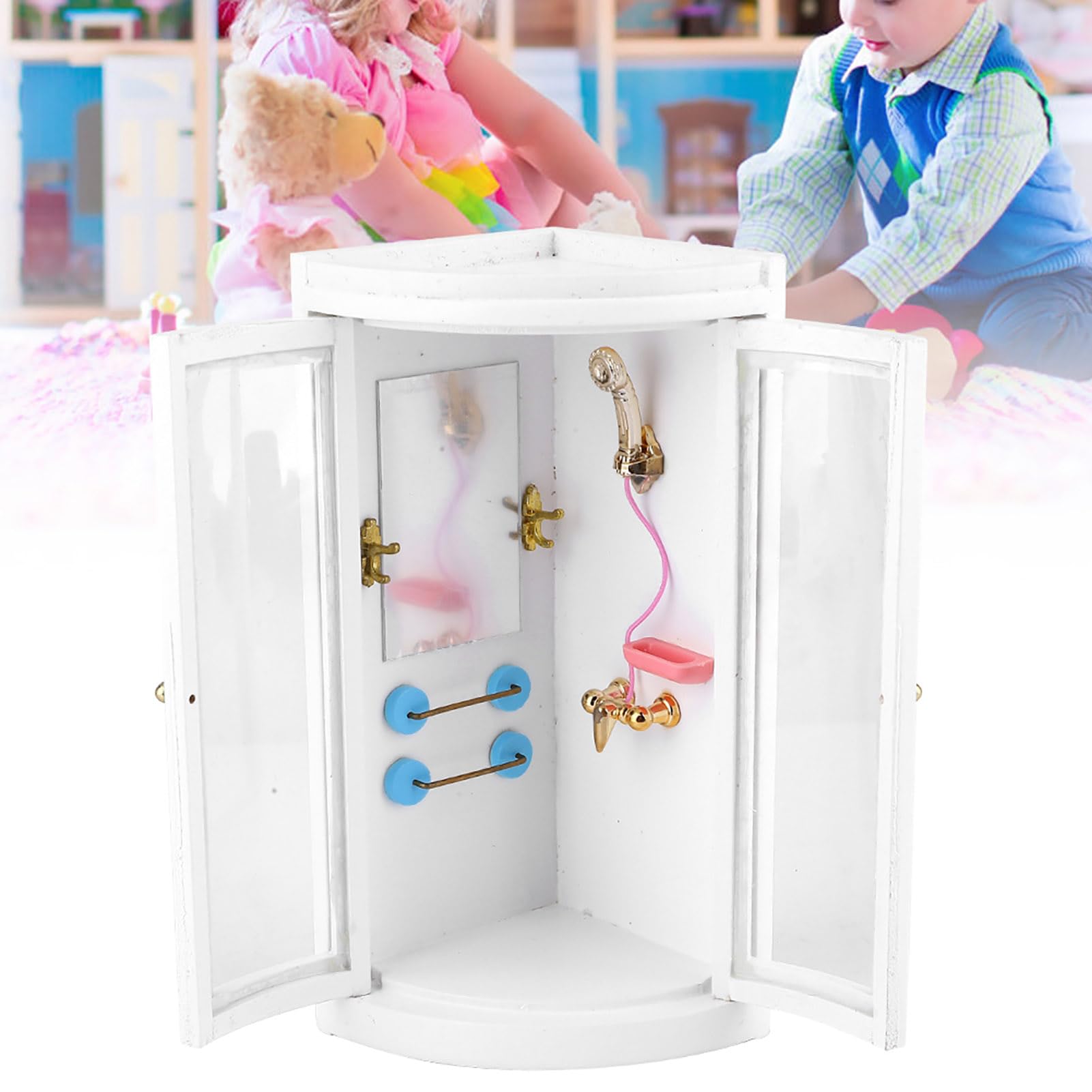 Miniature Wooden Shower Room for Dollhouse - Tiny Bathroom Furniture Set, DIY Dollhouse Accessories for Collectors & Kids (Perfect for 1:12 Scale Miniature House Displays & Creative Play)