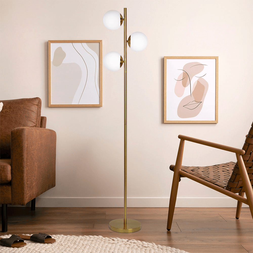 Brilliance Modern Gold Brush Floor Lamp with Opal Glass Shades & Round Metal Base - Elegant Lighting for Living Room, Bedroom, or Office Decor