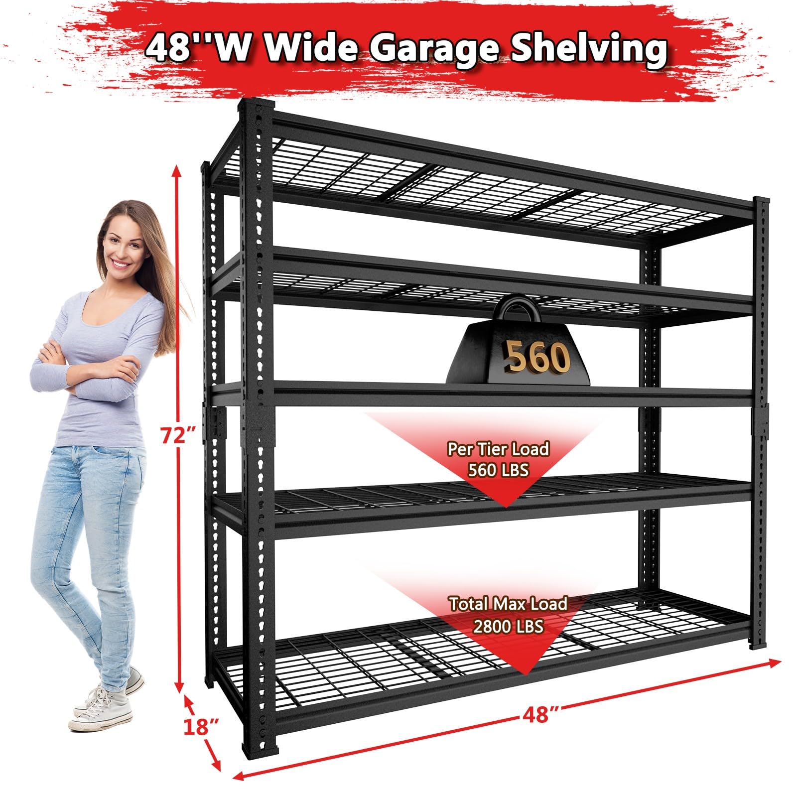 Heavy Duty 5-Tier Metal Storage Shelves 2800 LBS Capacity - 48