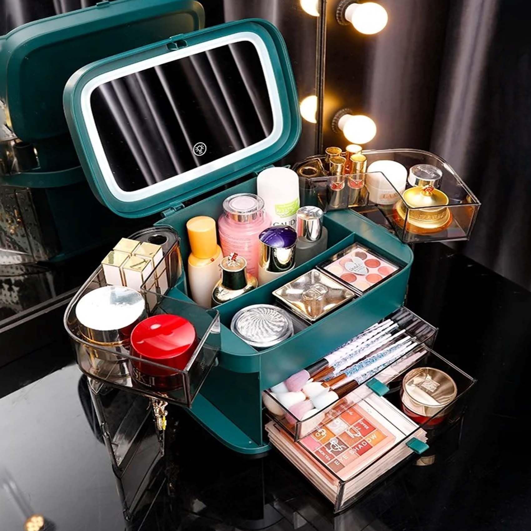 ALOXE Fabulous Cosmetic Makeup Organizer with LED Mirror | Trendy Vanity Organizer for Women | Jewelry Storage Box with Mirror | Perfect for Bedroom Vanity, Bathroom Counter & Travel (Castleton Green)