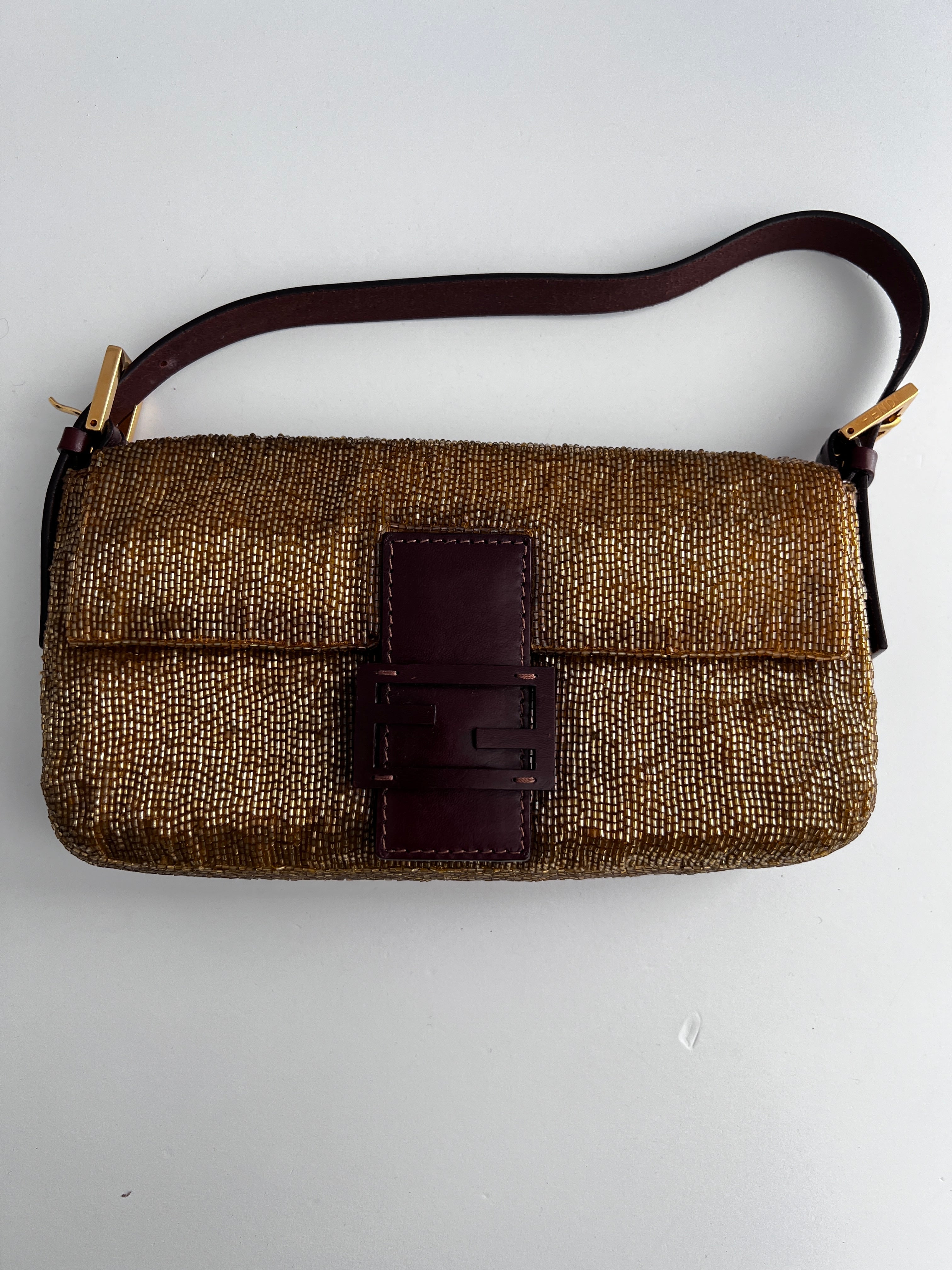 Fendi Gold Beaded Baguette Bag - Luxury Designer Crossbody Purse for Women | Perfect for Parties, Weddings & Evening Events