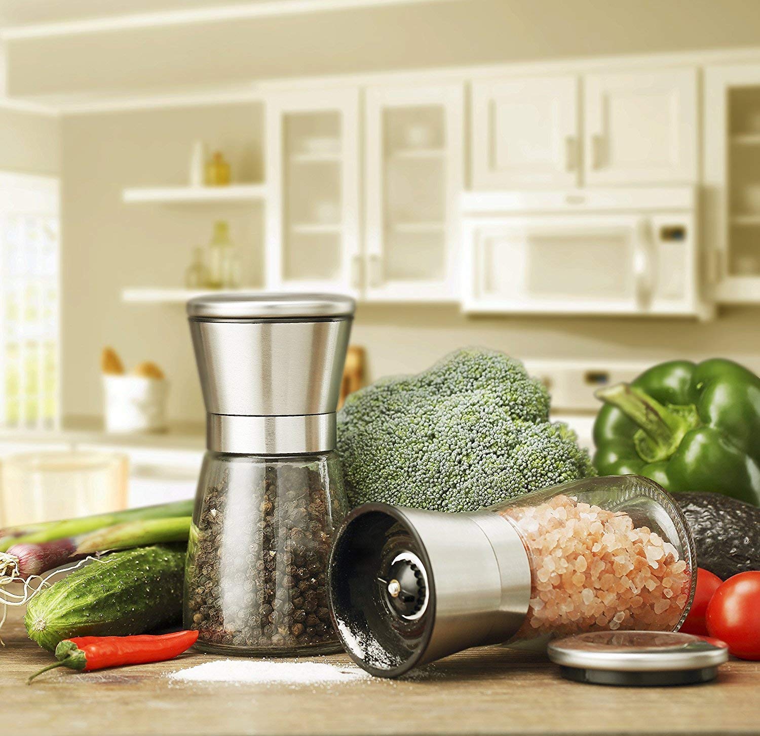 Premium Stainless Steel Salt and Pepper Grinder Set - Adjustable Coarseness, Refillable Glass Manual Mill with Durable Lid - Perfect for Home Kitchen, Dining Table, BBQ & Camping Use