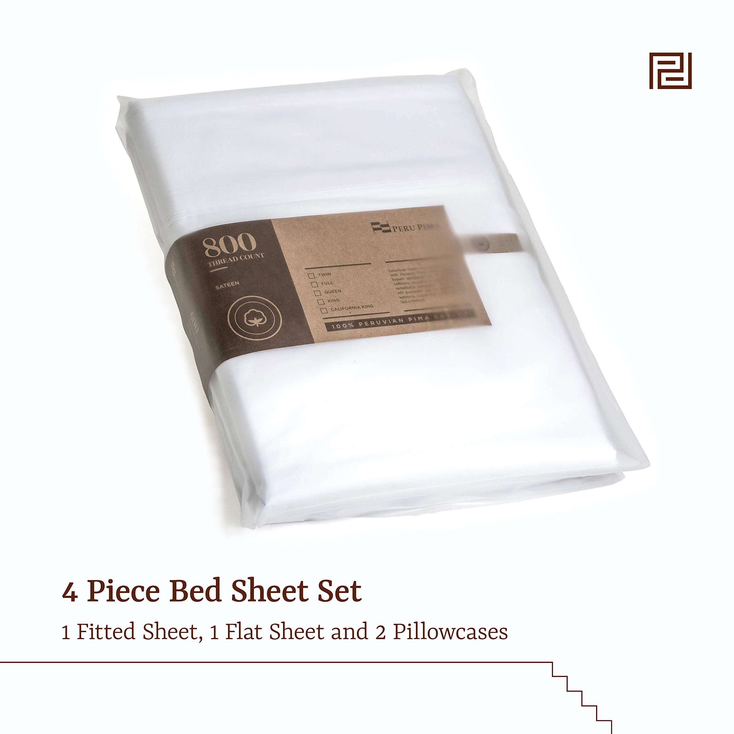 Luxury 100% Peruvian Pima Cotton King Size Bed Sheets Set - 4 Piece 800 Thread Count Sateen Bedding - Breathable & Cooling White Solid Sheets for Hotel, Home & Guest Room Comfort