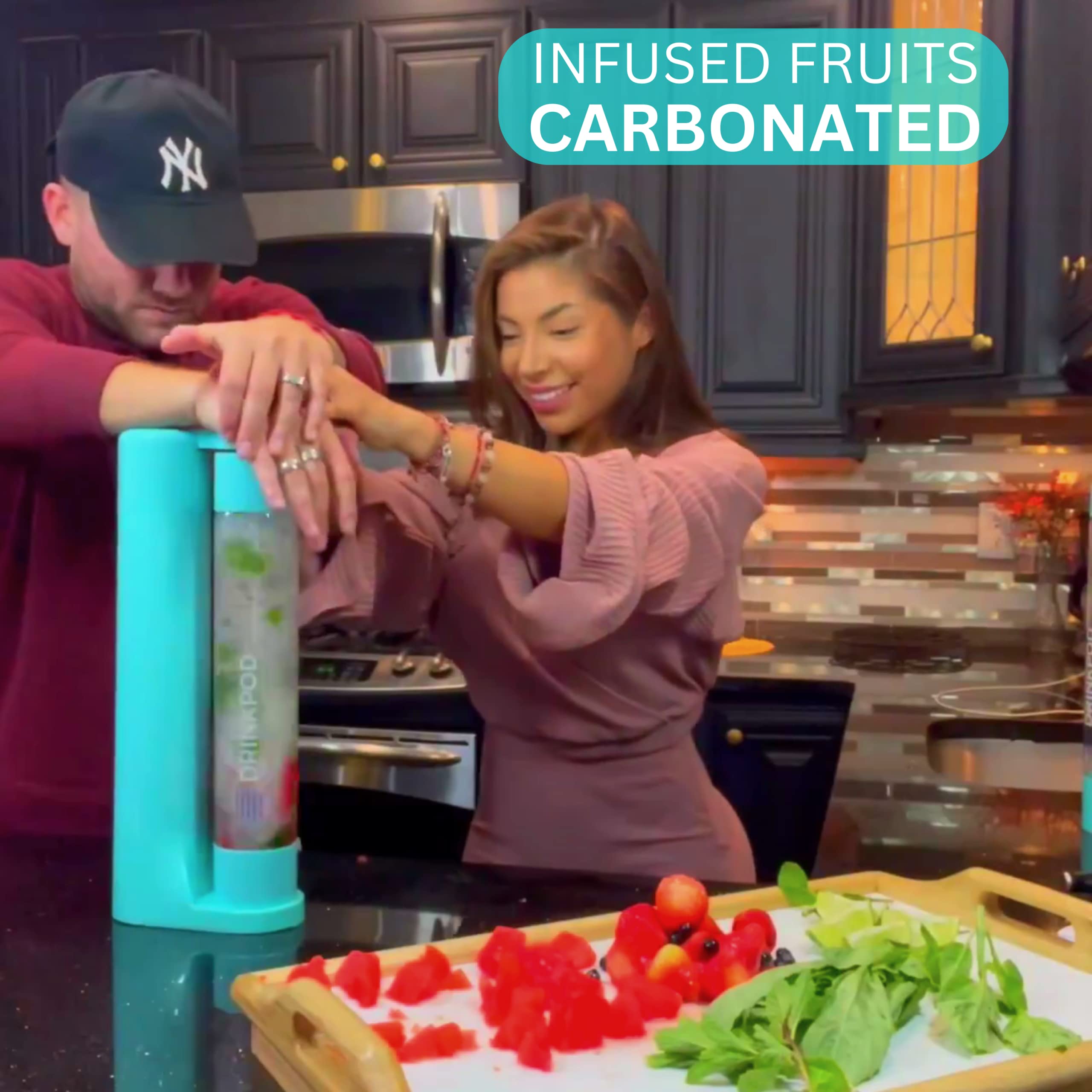 Fizzpod Soda Maker Machine for Home - Make Sparkling Water, Juice, Coffee & Cocktails | Includes 3 PET Bottles, 3 Caps & Carbonator | BPA-Free Carbonated Drink Maker for Healthy Homemade Beverages | Perfect for Parties, Kitchen & Office Use (Aruba Blue + 2 CO2)