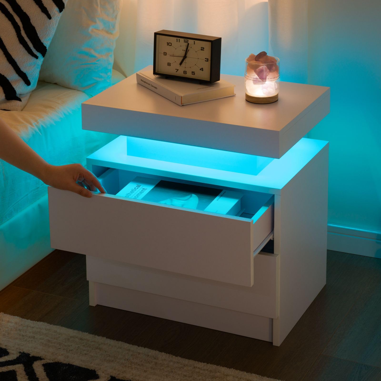 Modern White LED Nightstand Set of 2 - Bedside Table with 2 Drawers & USB Charging Ports - Perfect for Bedroom, Living Room & Small Spaces