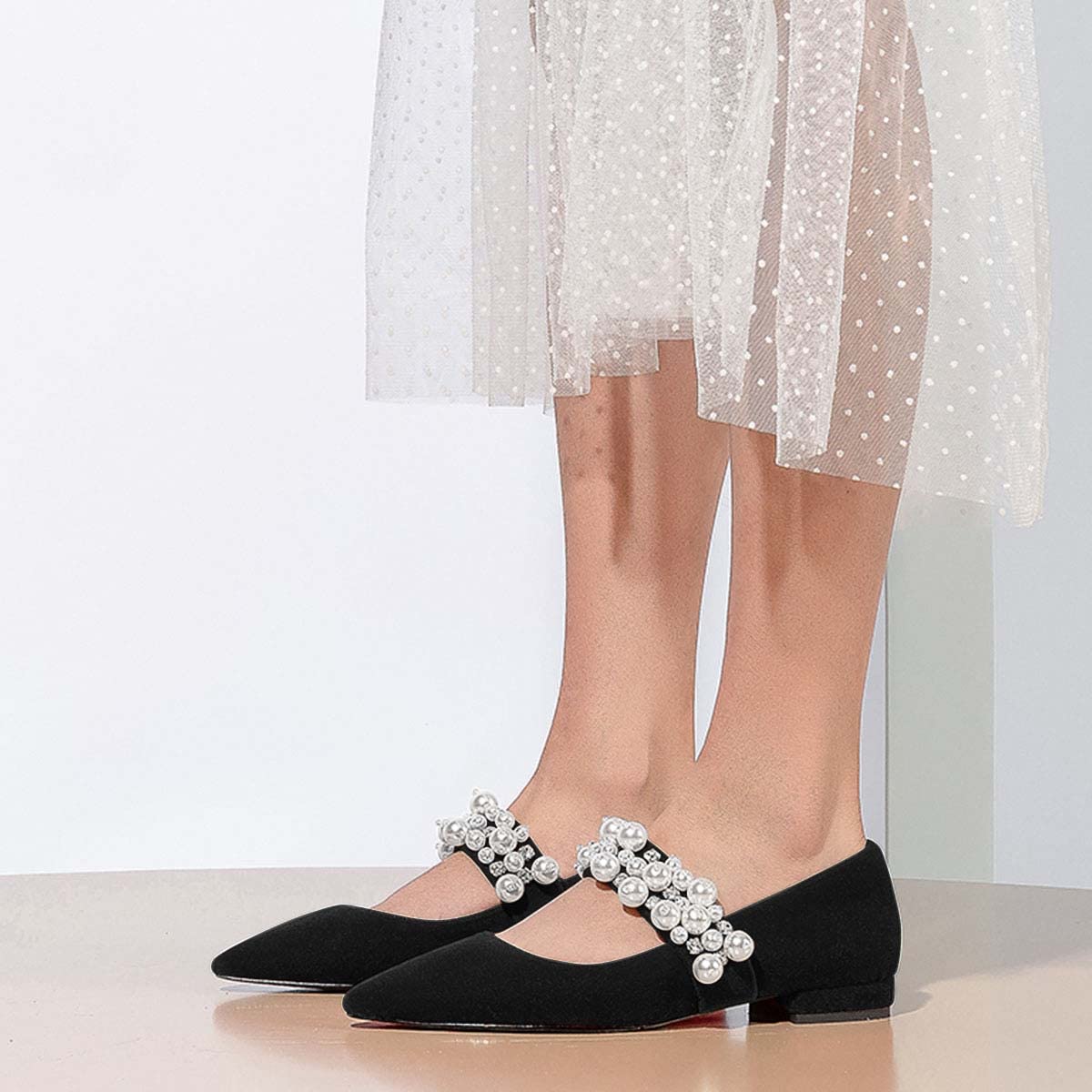 XYD Women's Pointed Toe Velvet Flats with Pearl Strap & Beaded Details - Elegant Mary Jane Shoes for Retro Party, Wedding & Dress Occasions