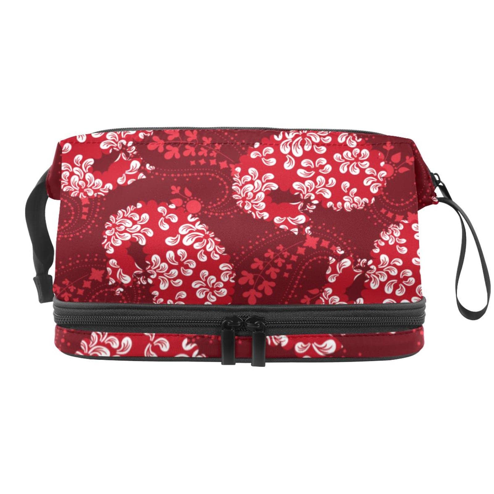 Double Layer Travel Makeup Bag with Brush Compartment - Red Cashew Flowers for Women's Cosmetic Organizer