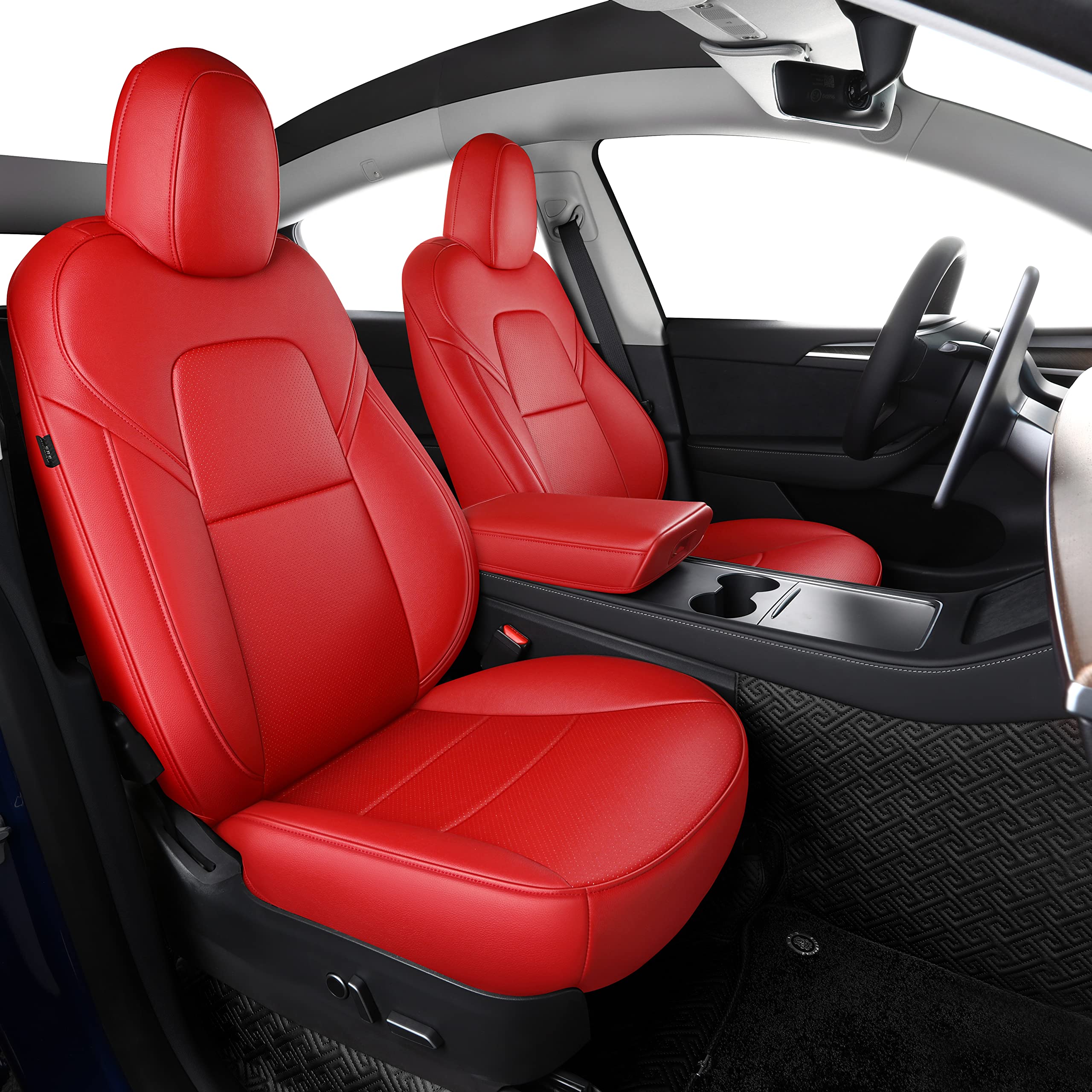 Premium Tesla Model Y Seat Covers (2020-2024) - Custom Fit 5-Seat Synthetic Leather Protectors - Lichi Red - Waterproof & Anti-Slip Car Interior Accessories for Road Trips & Daily Commute
