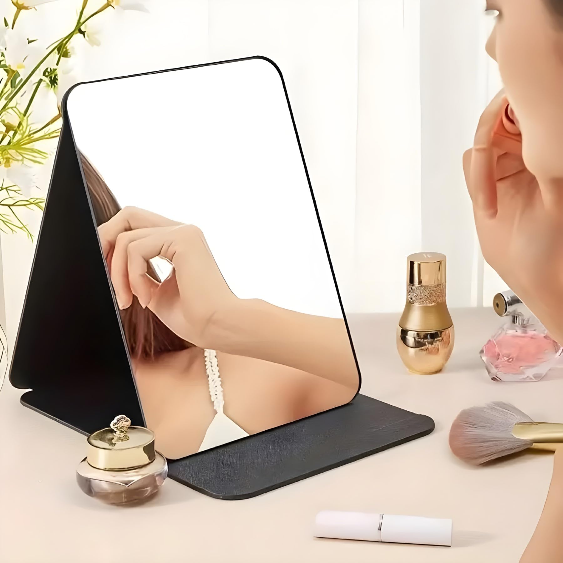 ONICORN Folding Makeup Mirror with Stand - Portable Travel Vanity Mirror, HD Round Edge Glass, Adjustable Angle, PU Leather Case (Black) - Perfect for Home, Travel & Professional Makeup Application