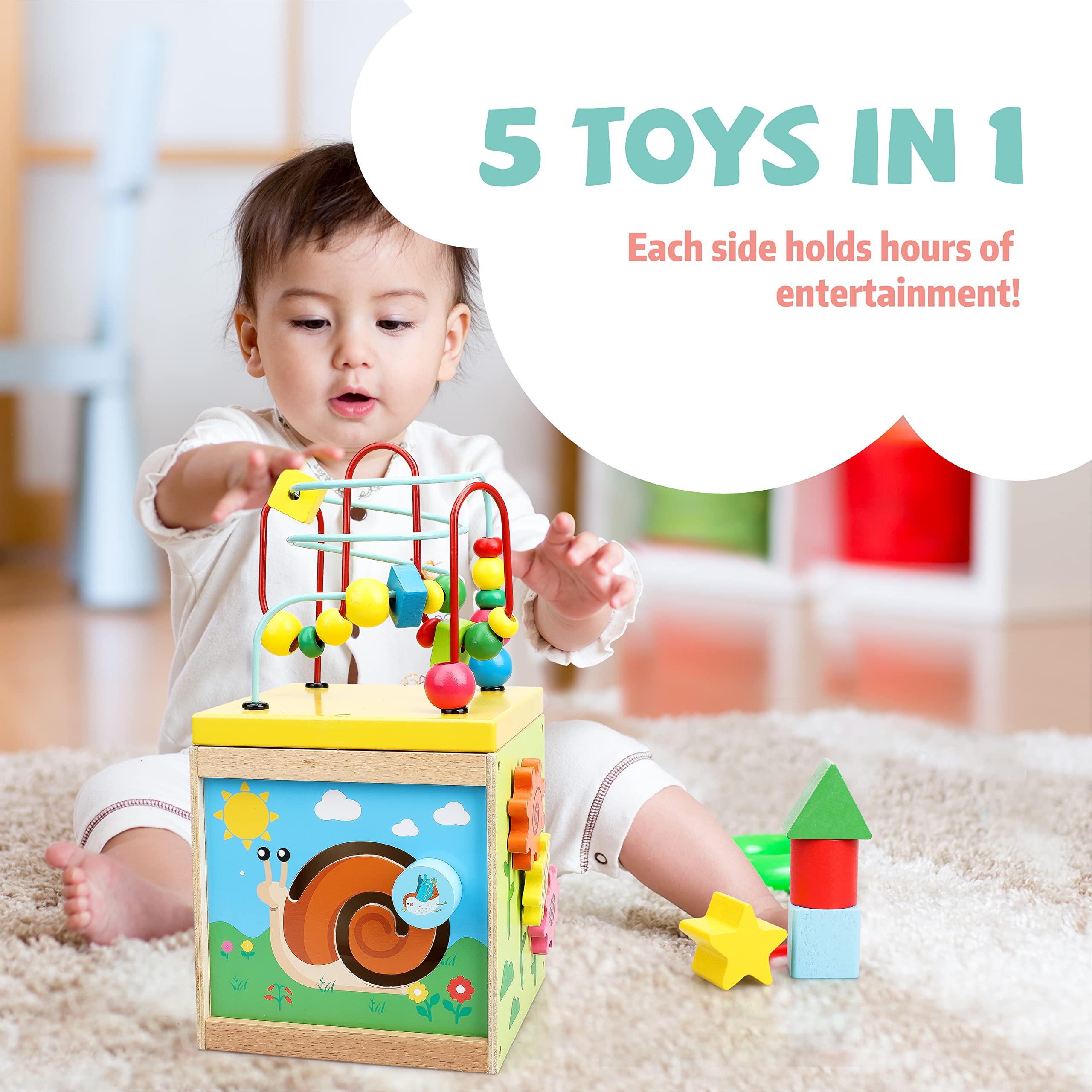 TOY Life Wooden Baby Activity Cube - Educational Learning Toy for Toddlers 1-3 Years Old with Bead Maze & Busy Cube | Montessori Toys for 1+ Year Old Boys & Girls | Perfect Gift for 9-10 Month Old Babies | Great for Early Childhood Development & Playtime Fun