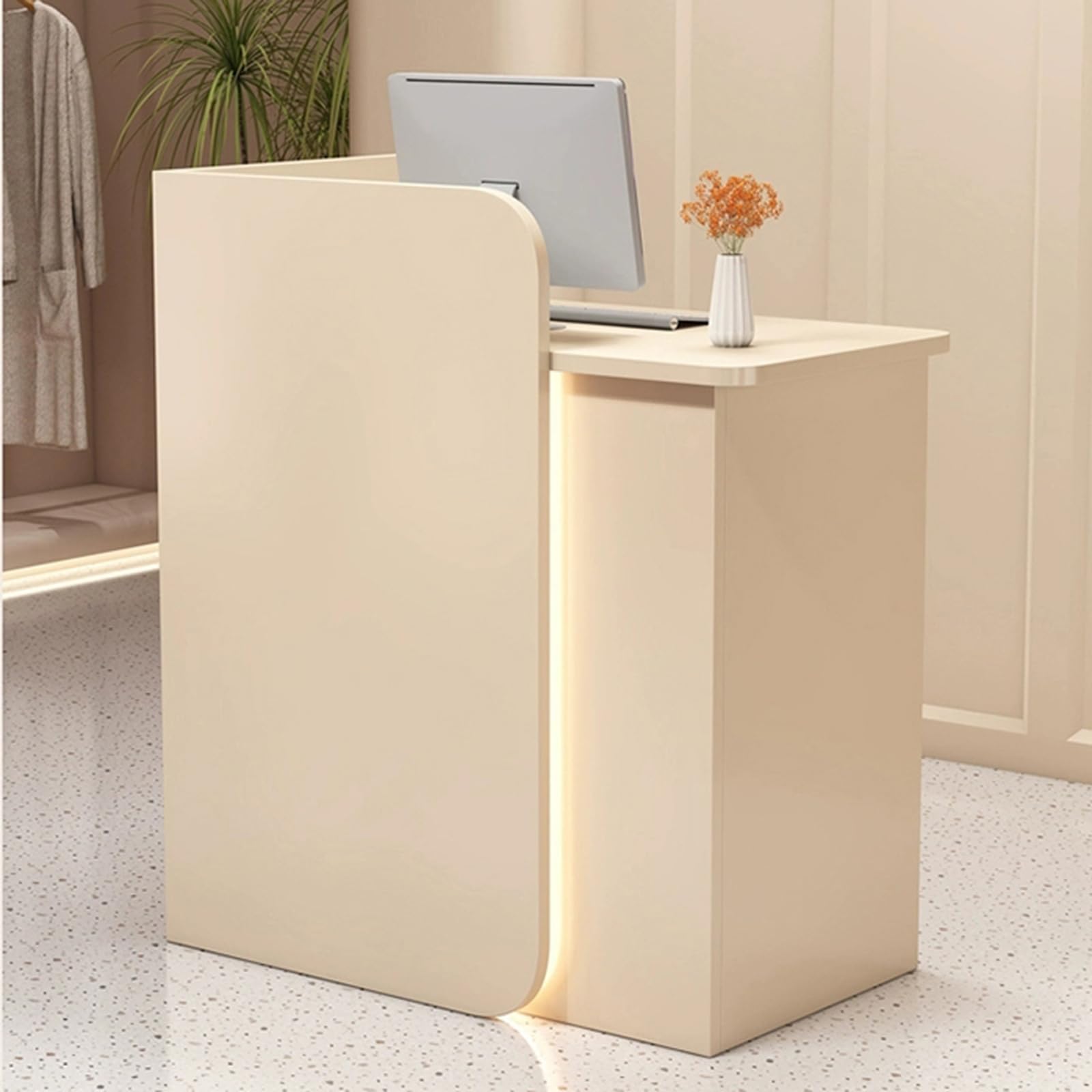 Modern Reception Desk with Lockable Drawer - Wooden Office Counter with Storage for Spa Salon, Hotel & Retail Stores - Khaki Front Desk Checkout Cabinet for Professional & Home Use