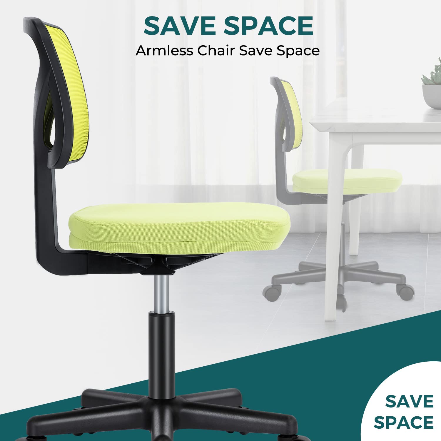 Ergonomic Armless Desk Chair with Wheels - Adjustable Swivel Rolling Task Chair for Home Office, Mesh Mid Back Computer Work Vanity Seat - Compact Design for Small Spaces (Green) - Perfect for Home Office, Gaming & Study Rooms