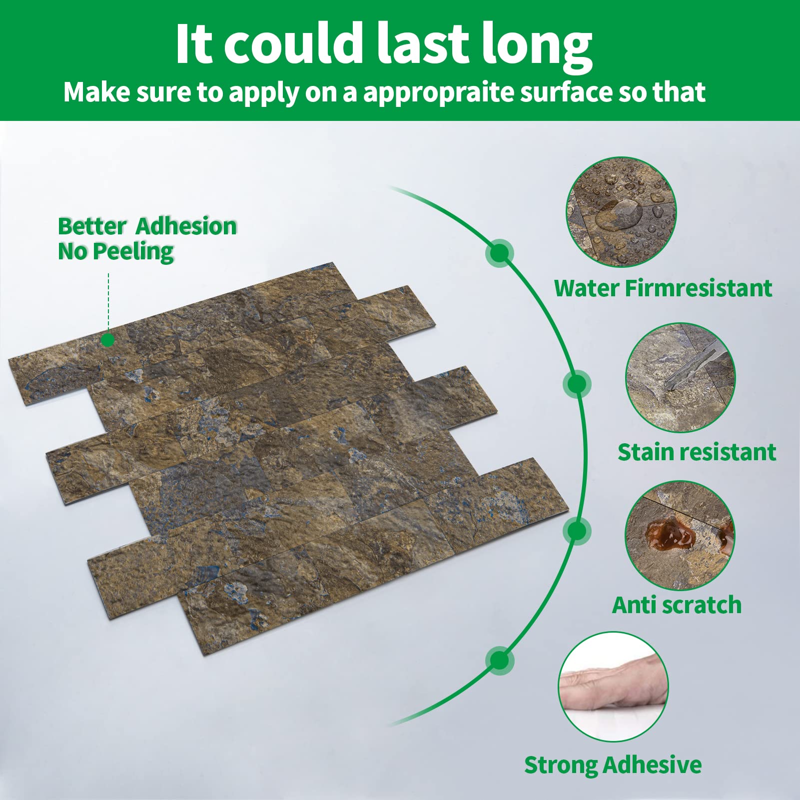 LONGKING 10-Sheet Peel and Stick Backsplash Tile - Waterproof PVC Self-Adhesive Wallpaper for Kitchen, Bathroom Vanity, Laundry Room - Rustic Slate Design, Easy DIY Home Décor Upgrade (Perfect for Renters & Homeowners)