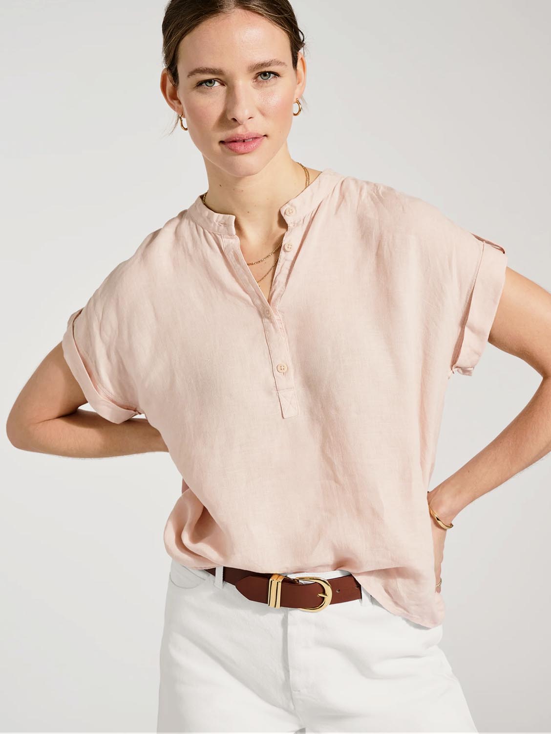Alexa Linen Shirt Women's Casual Blouse - Soft Powder Pink Button Down Top for Summer, Office & Vacation Wear