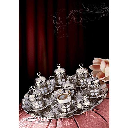 Premium Espresso Coffee Cups Set of 6 with Saucers & Holders - Porcelain Turkish/Arabic/Greek Style Coffee Set - Elegant Silver Cups for Home, Office or Cafe Use - Perfect Wedding, Housewarming & Hostess Gifts - Ideal for Afternoon Tea, Coffee Breaks & Entertaining Guests
