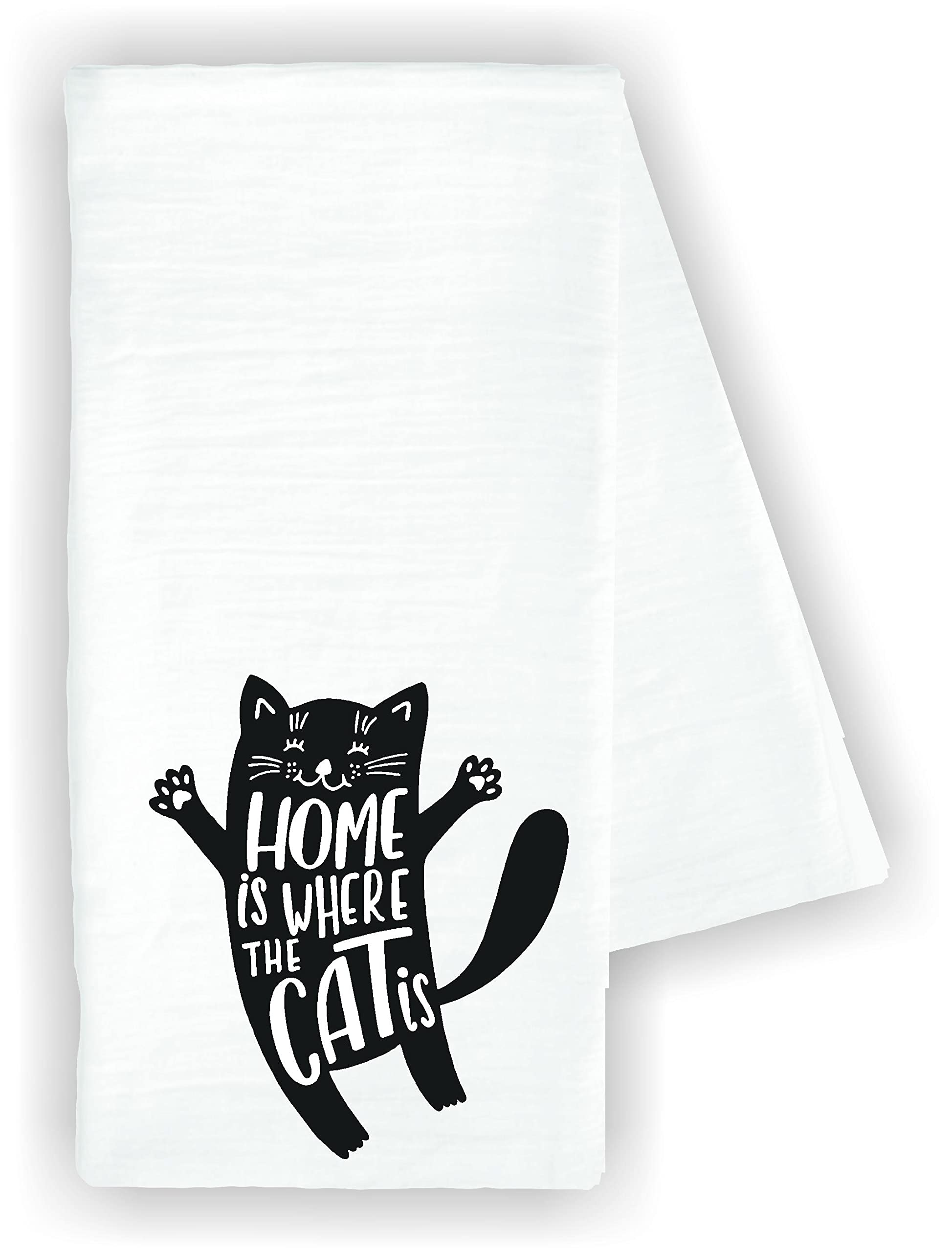 Funny Cute 'Home is Where the CAT is' Kitchen Dish Towel - 100% Cotton Absorbent Drying Cloth for Dishes, Hands & Countertops - Perfect Kitchen Decor & Housewarming Gift