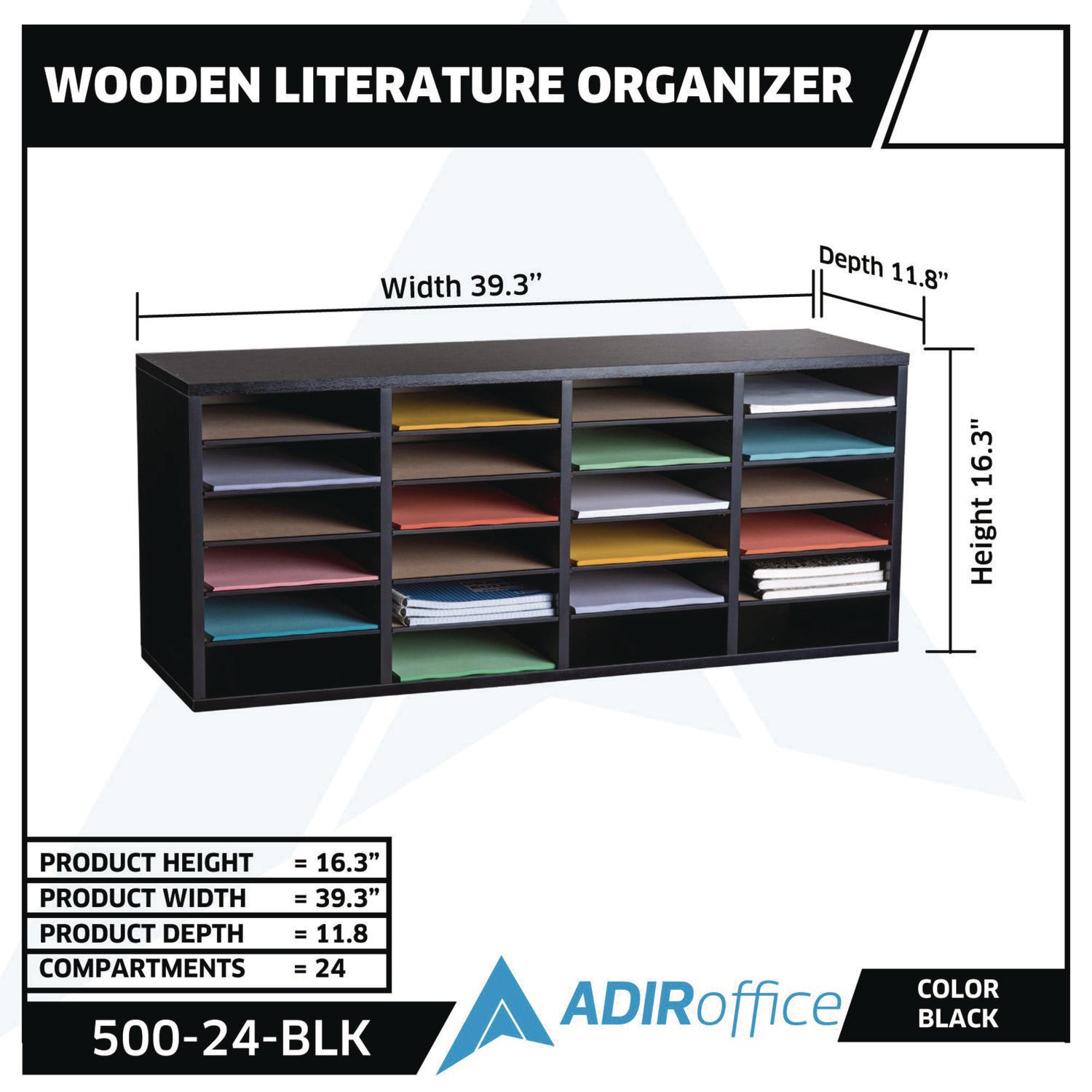 AdirOffice Wooden Letter Size Literature Organizer - 24 Adjustable Compartments, 39.3