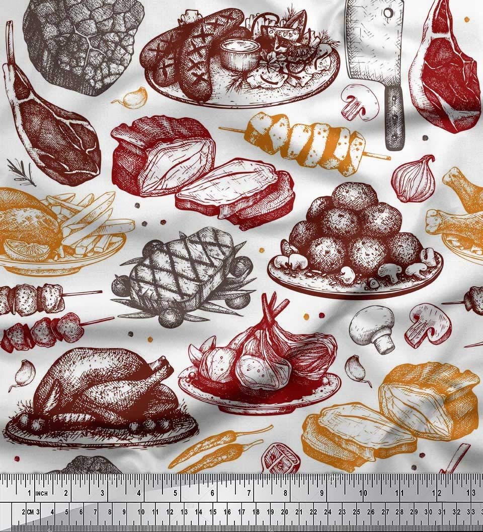 Soimoi Rayon Fabric - 56 Inch Wide Non-Vegetarian Dishes & Bread Print Material for Sewing, Quilting, and DIY Crafts | Perfect for Table Runners, Aprons, and Kitchen Decor