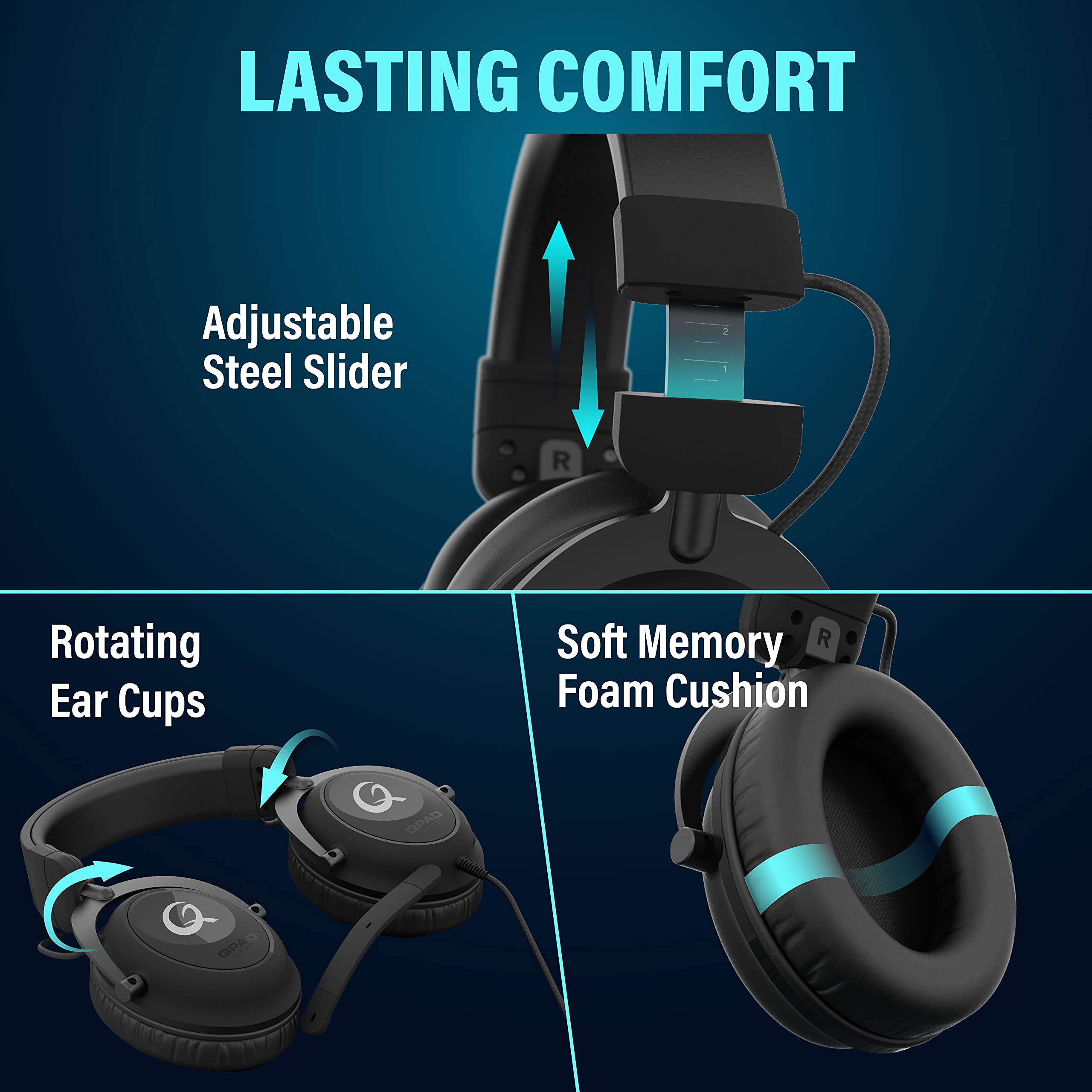 Qpad QH-700 Gaming Headset - Wired Stereo Headphones with Noise Cancelling Mic for PC, PS4, Xbox - Premium Black Gaming Headphones for Streaming, Esports & Online Gaming