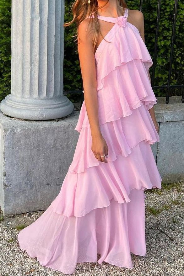 Elegant Pink Chiffon Halter Neck Floor-Length Prom Dress with Layered Skirt J3711 - Perfect for Homecoming, Formal Dances & Special Occasions
