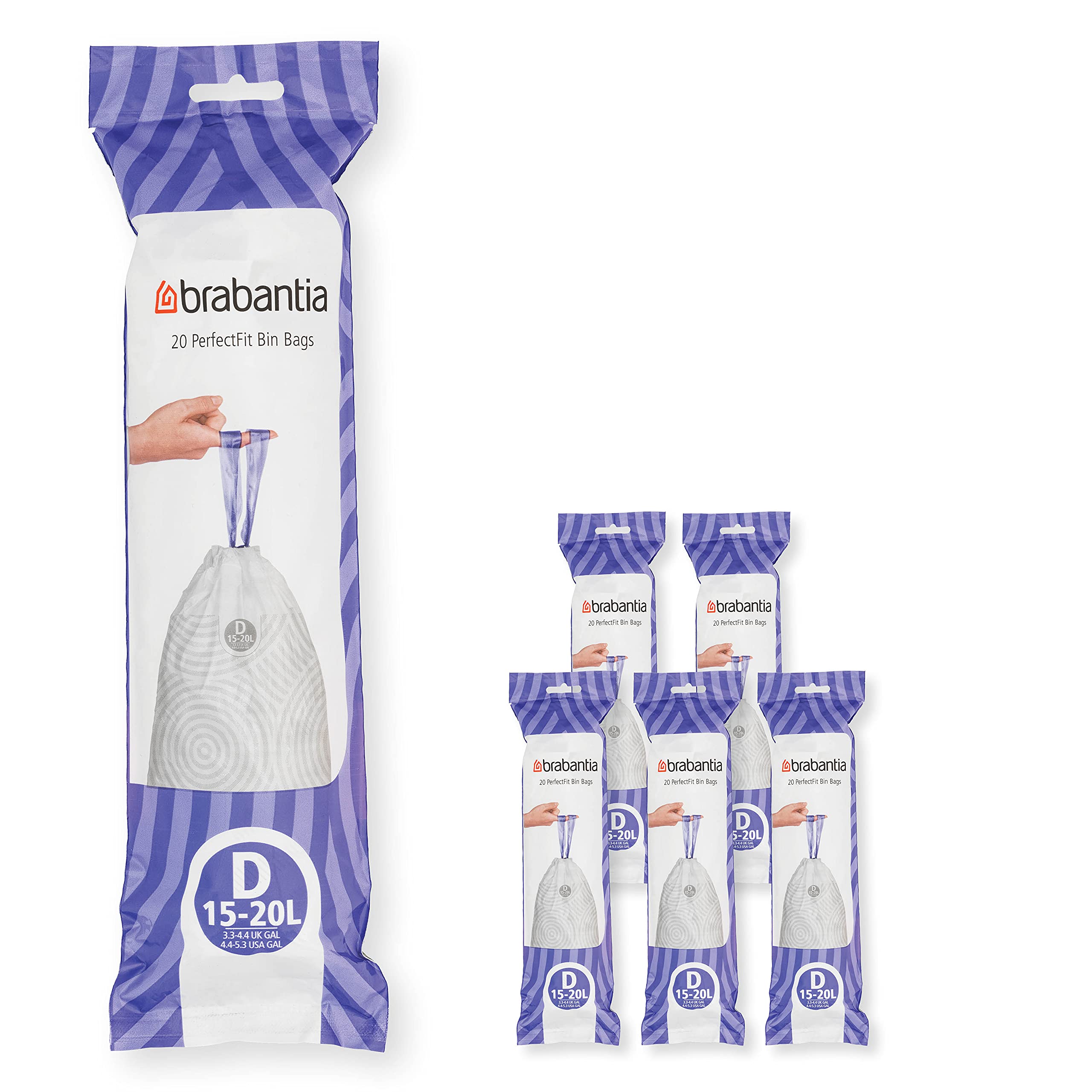 Brabantia PerfectFit Trash Bags - Size D (0.5-0.8 Gallon) - Heavy Duty Drawstring Kitchen Trash Can Liners - 120 Count - Ideal for Small Office, Bathroom & Bedroom Waste Bins