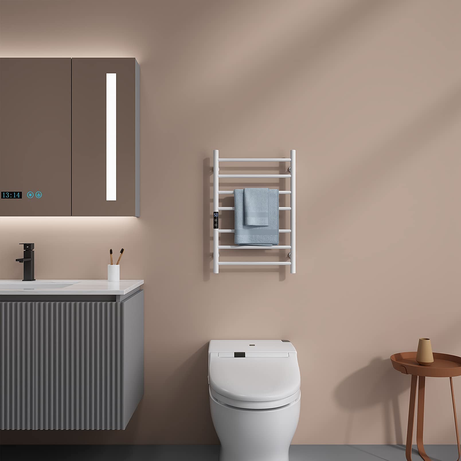 APUM Electric Towel Warmer - Stainless Steel 7-Bar Wall Mounted Heated Towel Rack with Timer for Bathroom | Fast Heating, Energy Efficient | Perfect for Spa, Hotel & Luxury Home Use (White, Hardwired)